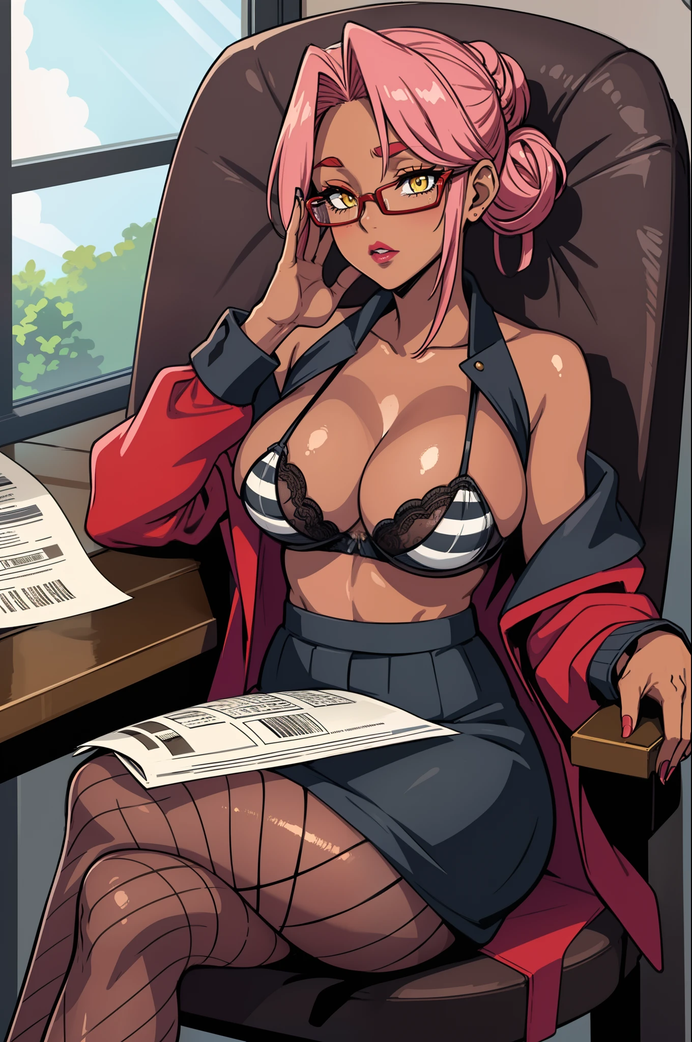 (highres, high quality:1.3), intricate details, cinematic lighting, sharp focus, depth of field,
Ingrid, 1girl, solo, mature female, dark-skinned female, dark skin, full body, sitting, on office chair,  crossed legs, office, window, (hand on eyewear:1.1), reading newspaper, office table, computer, window, sky
determined,
pink hair, (single hair bun:0.9), glasses, red-framed eyewear, bangs, makeup, lipstick, (mole under mouth:0.8), eyelashes, yellow eyes, detailed eyes, perfect face,
(secretary:1.2), striped jacket, bra, (striped skirt:1.1), fishnet pantyhose, high heels,
large breasts, cleavage, areola slip, (nipple slip:0.8),