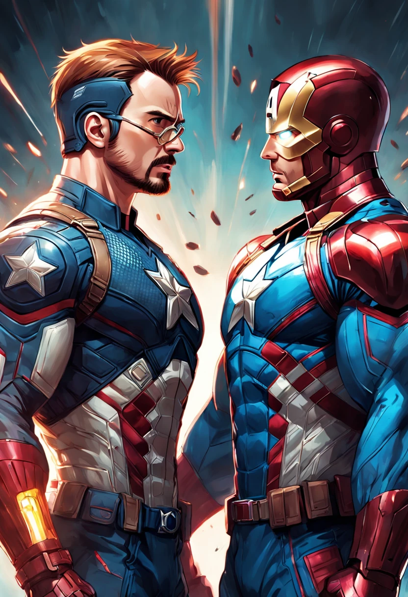 (((beautiful illustration))), detailed portrait, Chris Evans as Captain America, Robert Downey Jr as Iron Man, dynamic poses, realistic expressions, vibrant colors, stunning details.