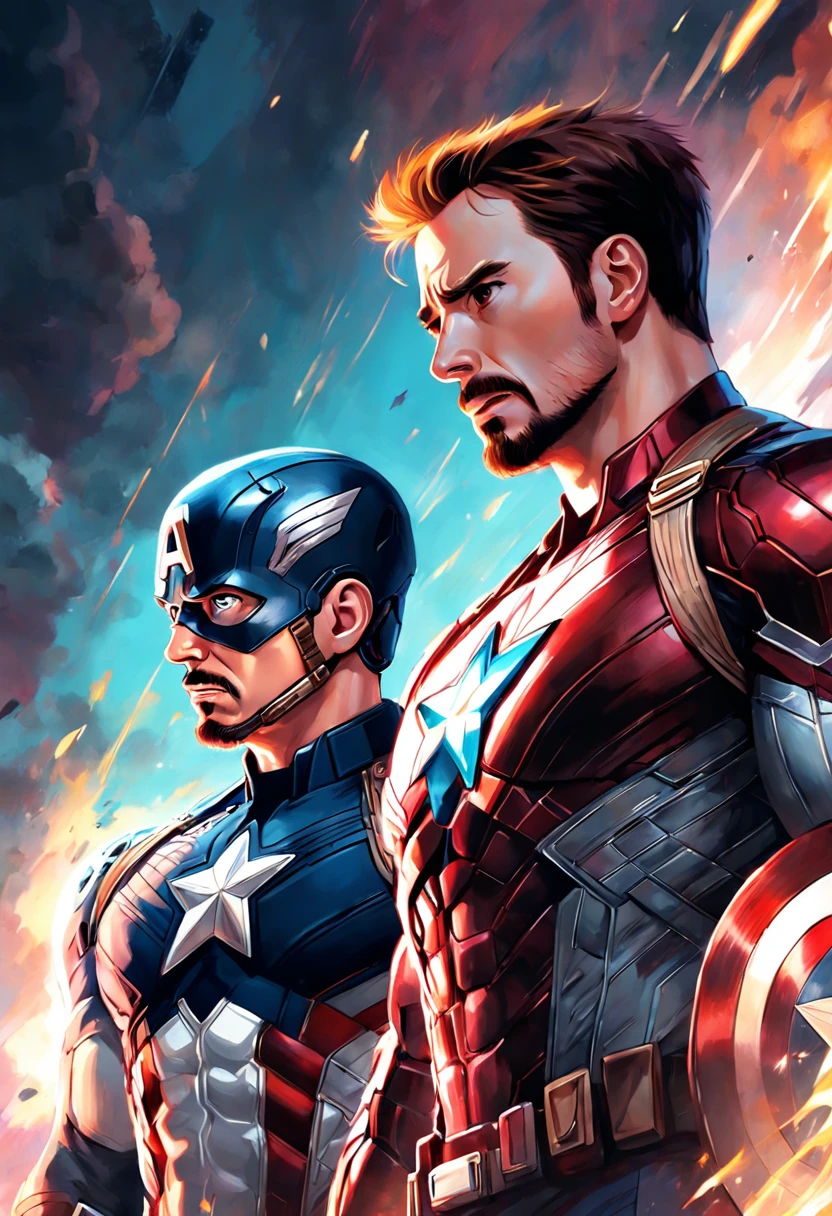(((beautiful illustration))), detailed portrait, Chris Evans as Captain America, Robert Downey Jr as Iron Man, dynamic poses, realistic expressions, vibrant colors, stunning details.