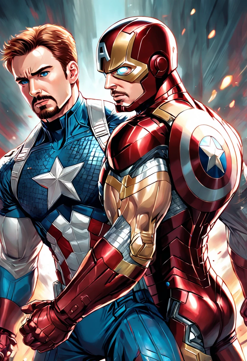 (((beautiful illustration))), detailed portrait, Chris Evans as Captain America, Robert Downey Jr as Iron Man, dynamic poses, realistic expressions, vibrant colors, stunning details.