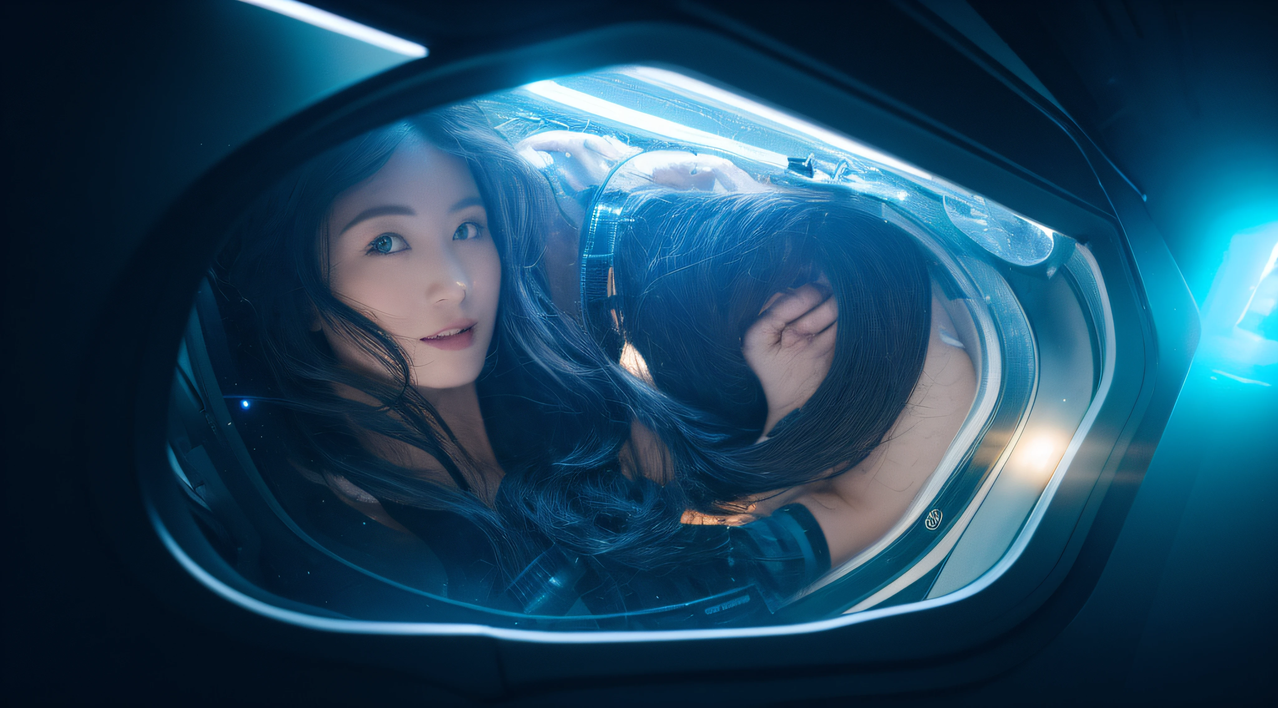 (((Super Detail))), Best Quality,A space station、Neptune seen from the large window、One Japan Woman、naked、The body floats in zero gravity、A dark-haired、longeyelashes, Solid Circle Eyes, lightsmile, surrealism, drop shadow, anaglyph, The best full-body images in 8K。