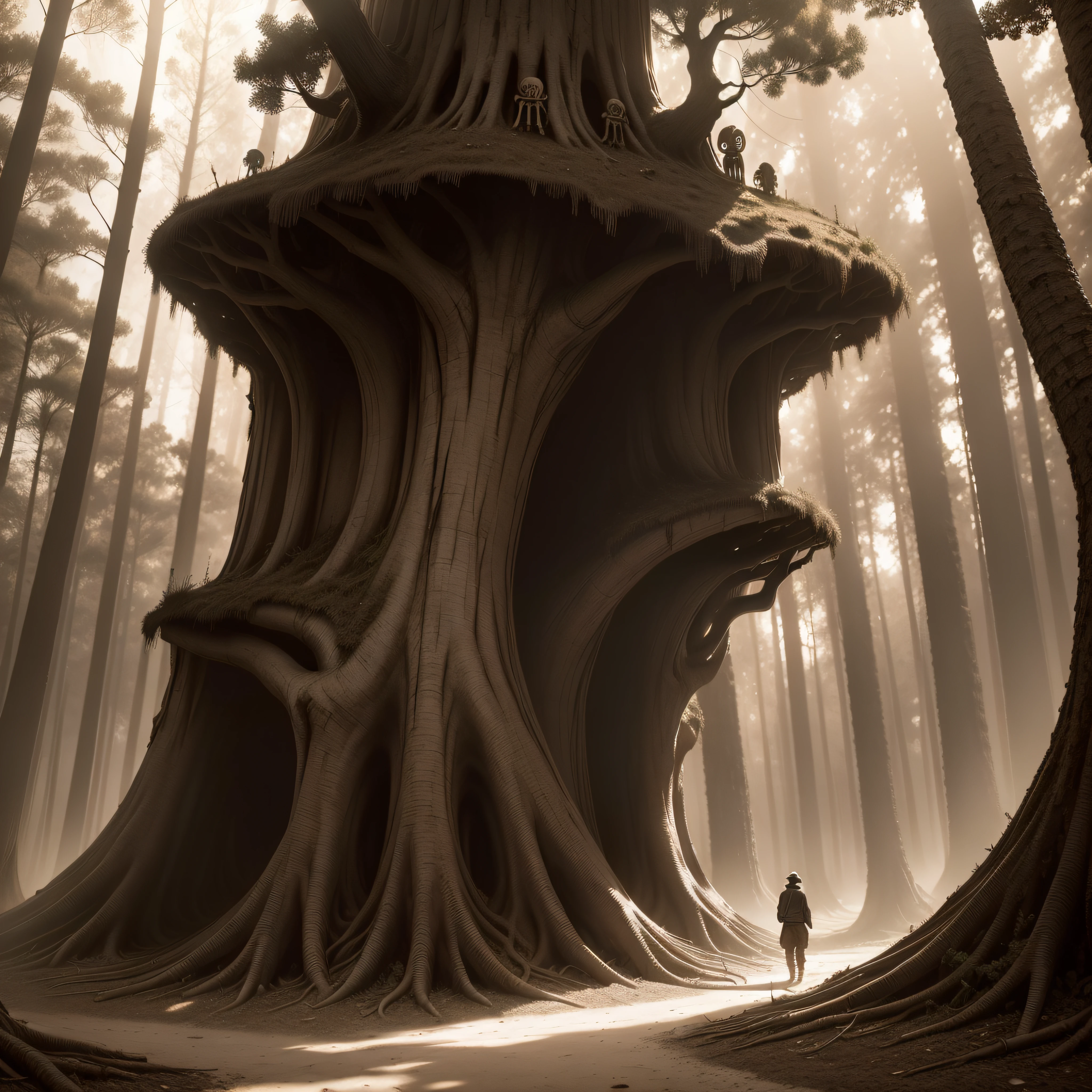 (extremadamente detallado, obra maestra, La mejor calidad, Tono sepia) bosque enorme, Skulls come out of tree trunks, ruinas. Daytime Lighting.