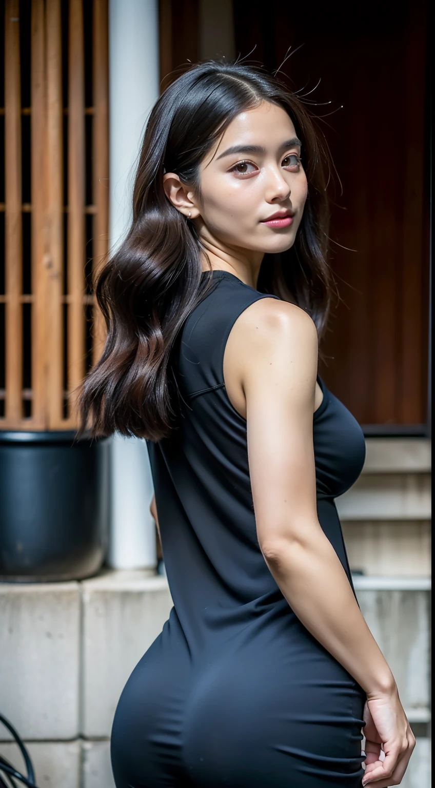 ​masterpiece, top-quality, 超A high resolution, (Photorealsitic:1.4), 32K,beautiful  lighting,profetional lighting,Raw photography, 8K UHD, A detailed face, A detailed eye,Detailed eyes,Good balance between the left and right eyes,no-makeup:1.5,Baby Faced Girl,Cute little girl s,18year old,(((cabelos preto e longos,One-length,with round face,a baby face,Young Face, Narrow eyebrows,round upturned nose,Letter to))), ((Tight long dress that sticks to the body,deep v neck、Wear a leather jacket in layers)),((Sensual body lines:1.5,Feminine body line,Colossal tits:1.5,Big buttocks:1.3,sideboob barbosa:1.3)),Late night street corner,Night view of the city, longshot,Facing backwards、Looks Back,too large udder:1.5,Rui Kiriyama