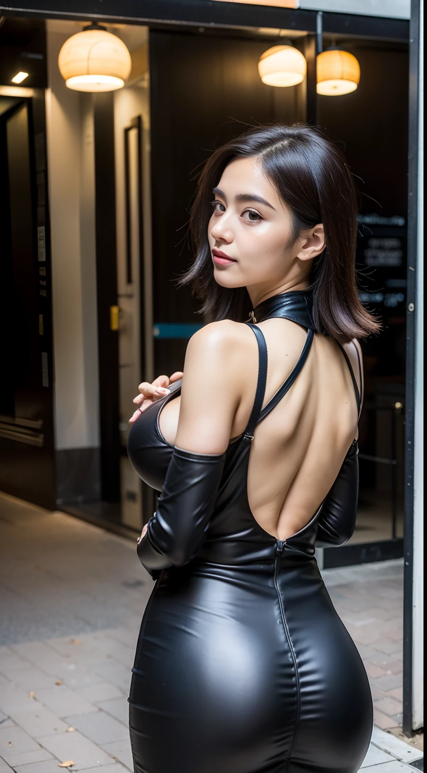 masterpiece, top-quality, 超A high resolution, (Photorealsitic:1.4), 32K,beautiful lighting,profetional lighting,Raw photography, 8K UHD, A detailed face, A detailed eye,Detailed eyes,Good balance between the left and right eyes,no-makeup:1.5,d Girl,Cute little gi8year old,(((cabelos preto e longos,One-length,with round face,a baby face,Youngrrow eyebround upturned nose,Letter to))), ((Tight long dress that sticks to the body,deep v neck、Wear a leather jacket in layers)),((Sensual body lines:1.5,Feminine body line,Colossal tits:1.5,Big buttocks:1.3,sideboob barbosa:1.3)),Late night street corner,Night view of the city, longshot,Facing backwards、Looks Back,too large udder:1.5,Rui Kiriyama