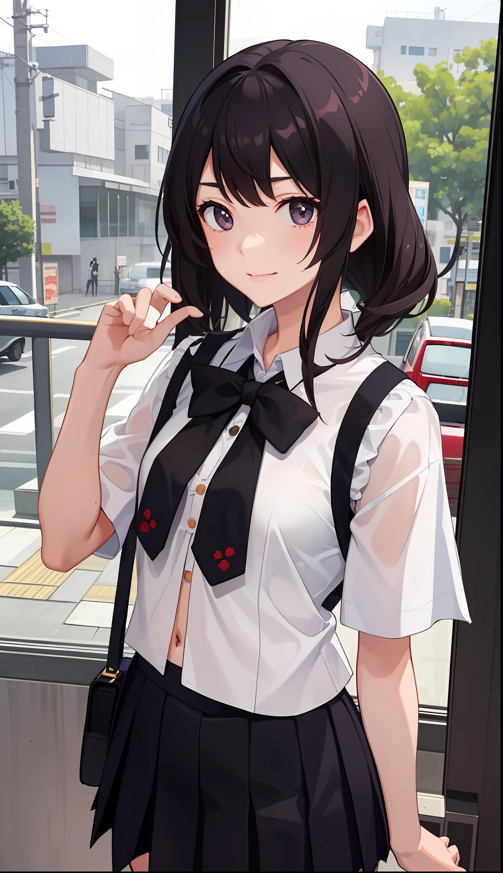1girl in、A smile、The shirt、skirt by the、（small tits）Chilarism、Japan High School Student Uniform、serafuku、summer clothing、Run briskly、（Sheer Bra）、Upper body portrait、A dark-haired、