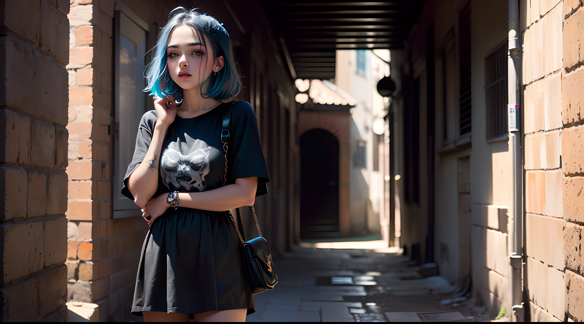 Chica gotica de ropa grunge en color negro, su cabello debe ser corto de color azul