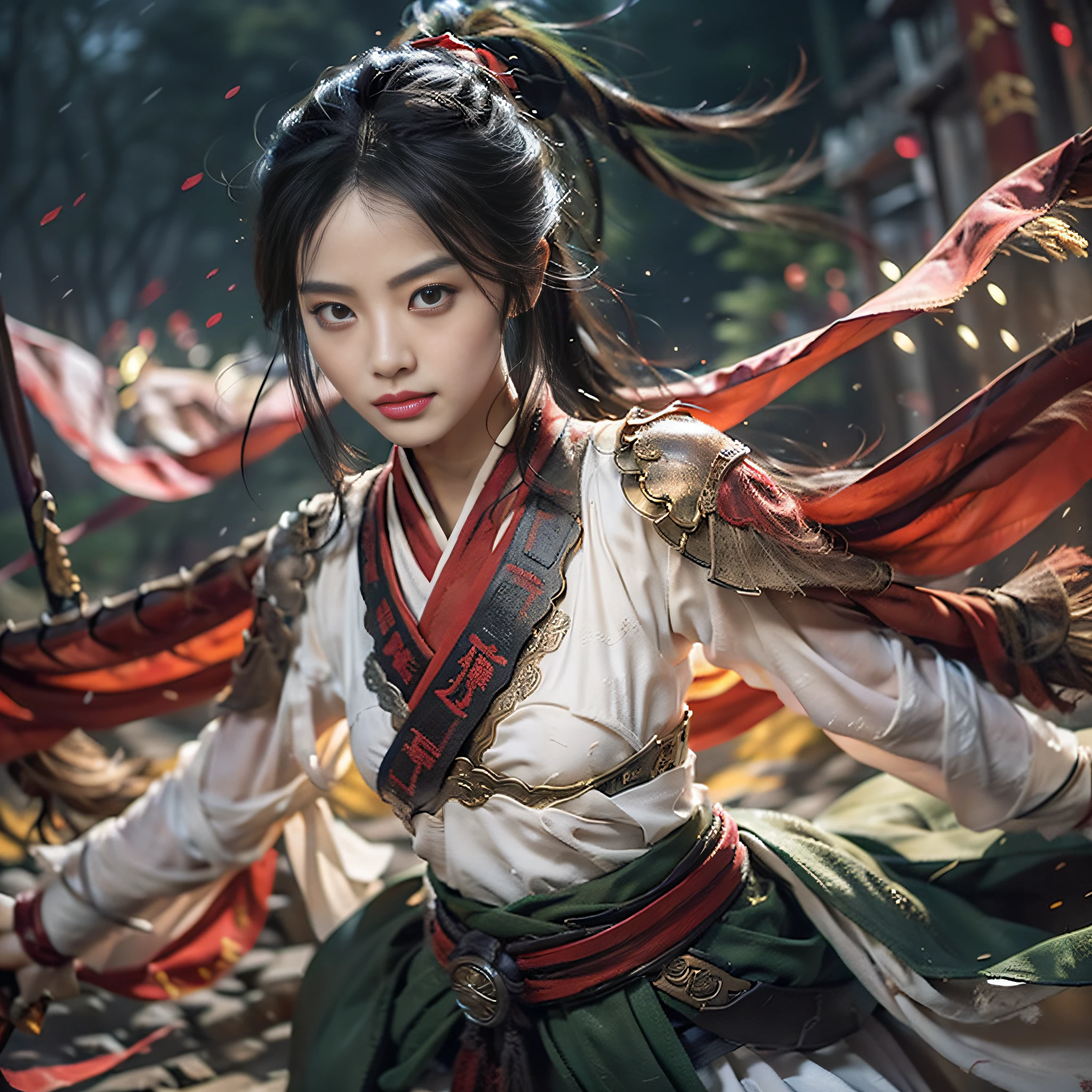 1 girl, (mature girl), slightly chubby, female warrior, Mulan, anime girl, anime role play, realistic role play, willow eyebrows, beautiful appearance, handsome, yellow eyes, smile, brunette hair, yellow eyes, raised eyebrows, short ponytail, (short ponytail), translucent skirt, long skirt, cotton skirt, (dark green skirt), belt, shoulder armor, cape, standing, black hair, long eyelashes, solid round eyes, red ears, fragrant, background blur, starry sky background, standing on the city wall, chinese city wall, mountain range, epic, surrealism, falling shadows, super detail, accurate, stereogram, atmospheric perspective, 8k, best quality