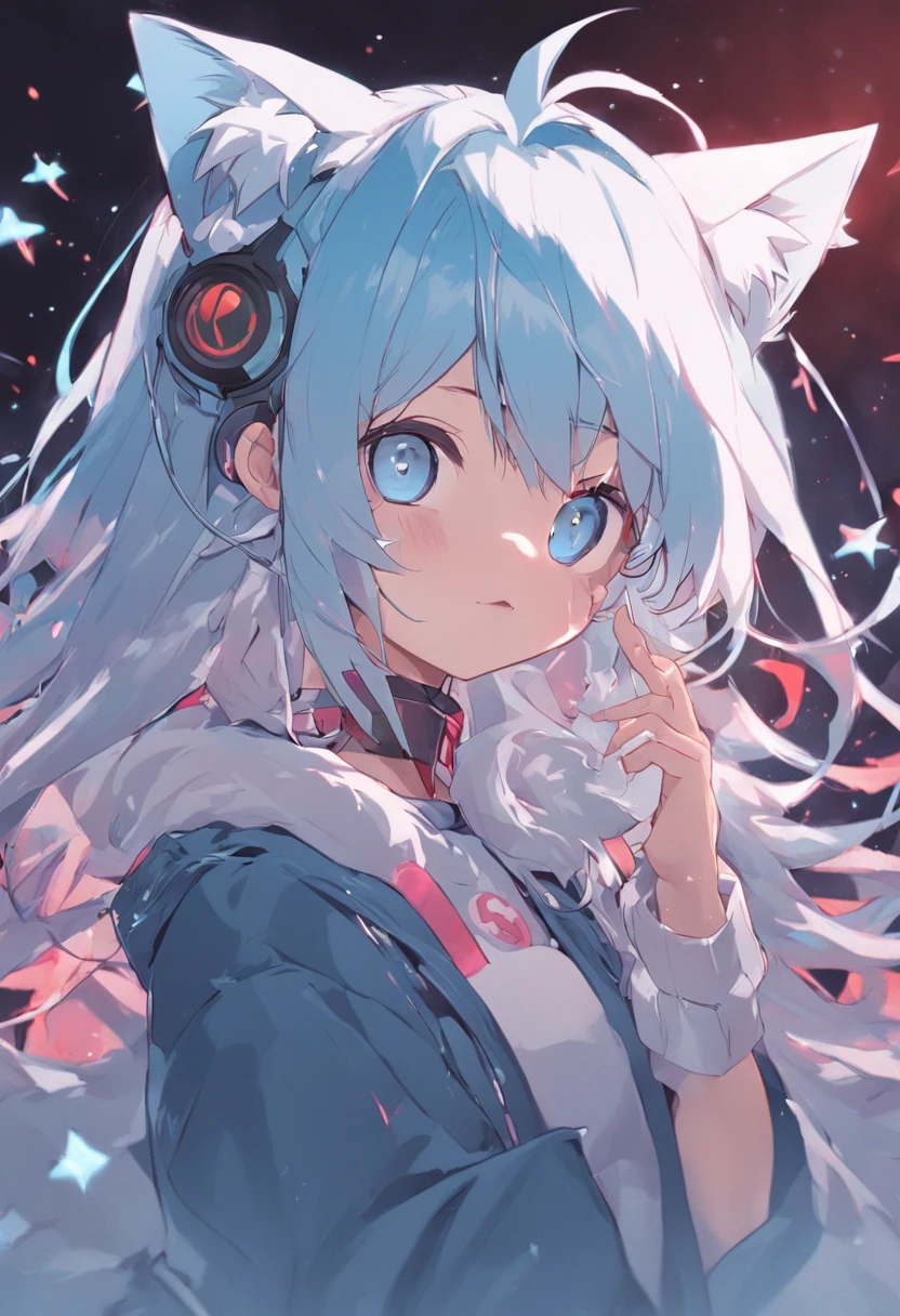 hair bobbles, wince, solid circle eyes, ear blush, fang, star-shaped pupils, cat ear headphones, light blue hair, white hair, drop shadow, anaglyph, stereogram, tachi-e, pov, atmospheric perspective, 8k, super detail, ccurate, highres