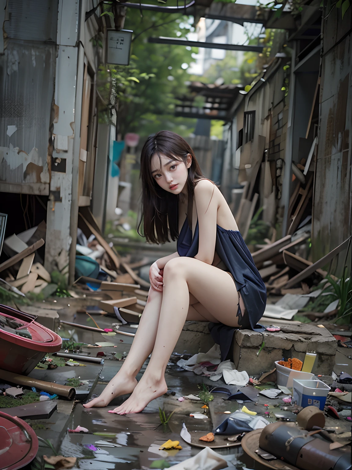 Highest image quality，best qualtiy，tmasterpiece，abandoned ruins，Garbage all over the ground 1.2，grimy，18-year-old Korean beautiful girl，very beautiful long slim legs，(((Random nudity 1.2)))，exhibitionists，Random exposure of genitals