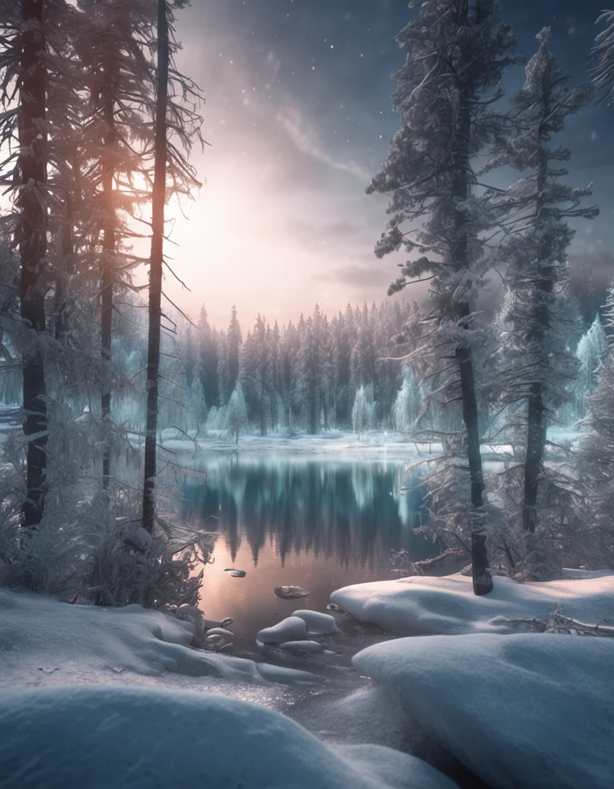 small lake surrounded by a frozen taiga forest, snow on the trees, winter, complex details, masterpiece, nostalgic atmosphere, cinematographic lighting, sharp focus, 4k, photo, digital art, fantasy style