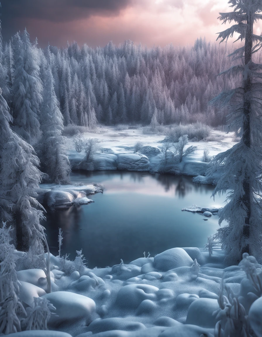 small lake surrounded by a frozen taiga forest, snow on the trees, winter, complex details, masterpiece, nostalgic atmosphere, cinematographic lighting, sharp focus, 4k, photo, digital art, fantasy style