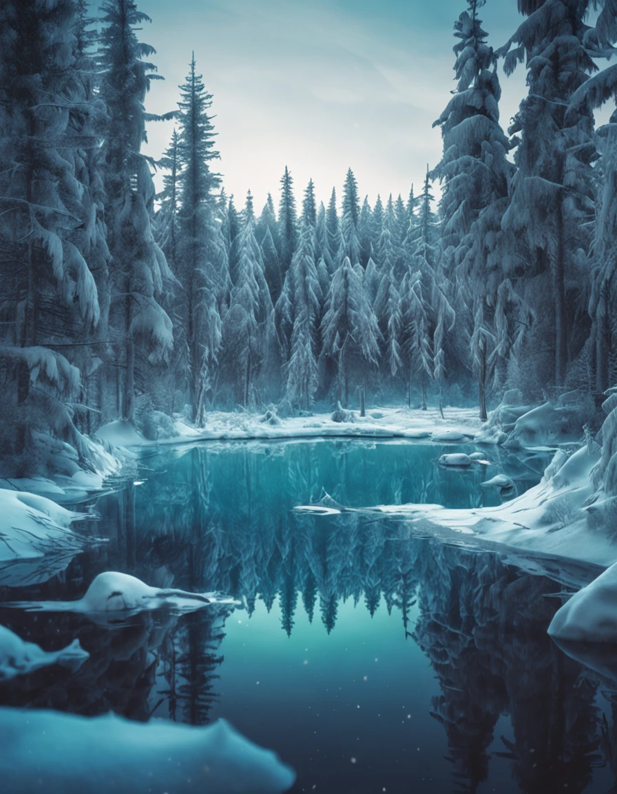 small lake surrounded by a frozen taiga forest, snow on the trees, winter, complex details, masterpiece, nostalgic atmosphere, cinematographic lighting, sharp focus, 4k, photo, digital art, fantasy style