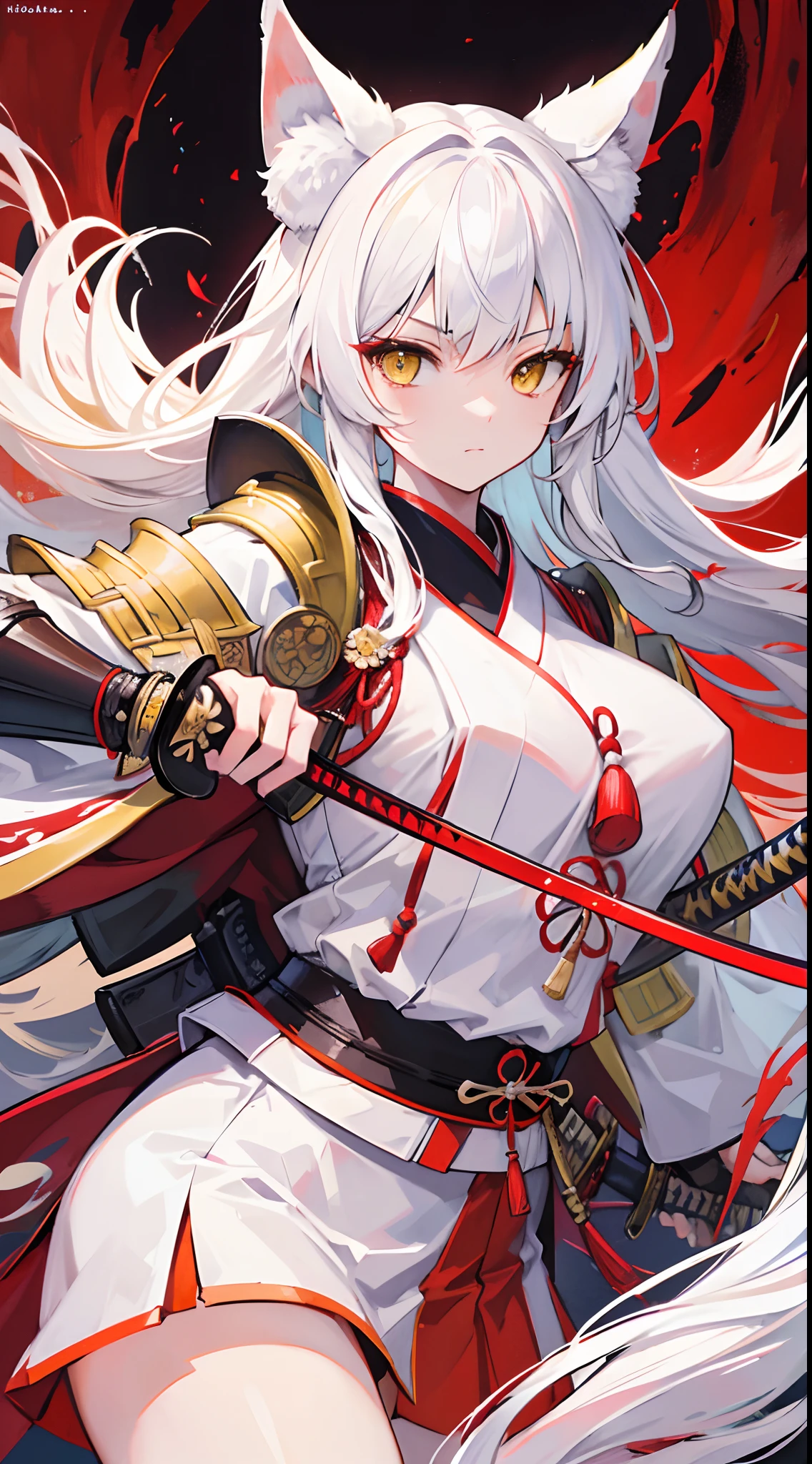 High quality, masterpiece, ultra-detailed, white kitsune samurai, long hair, enchanting yellow eyes, holding one sword, katana, japanese style armor, fiery background