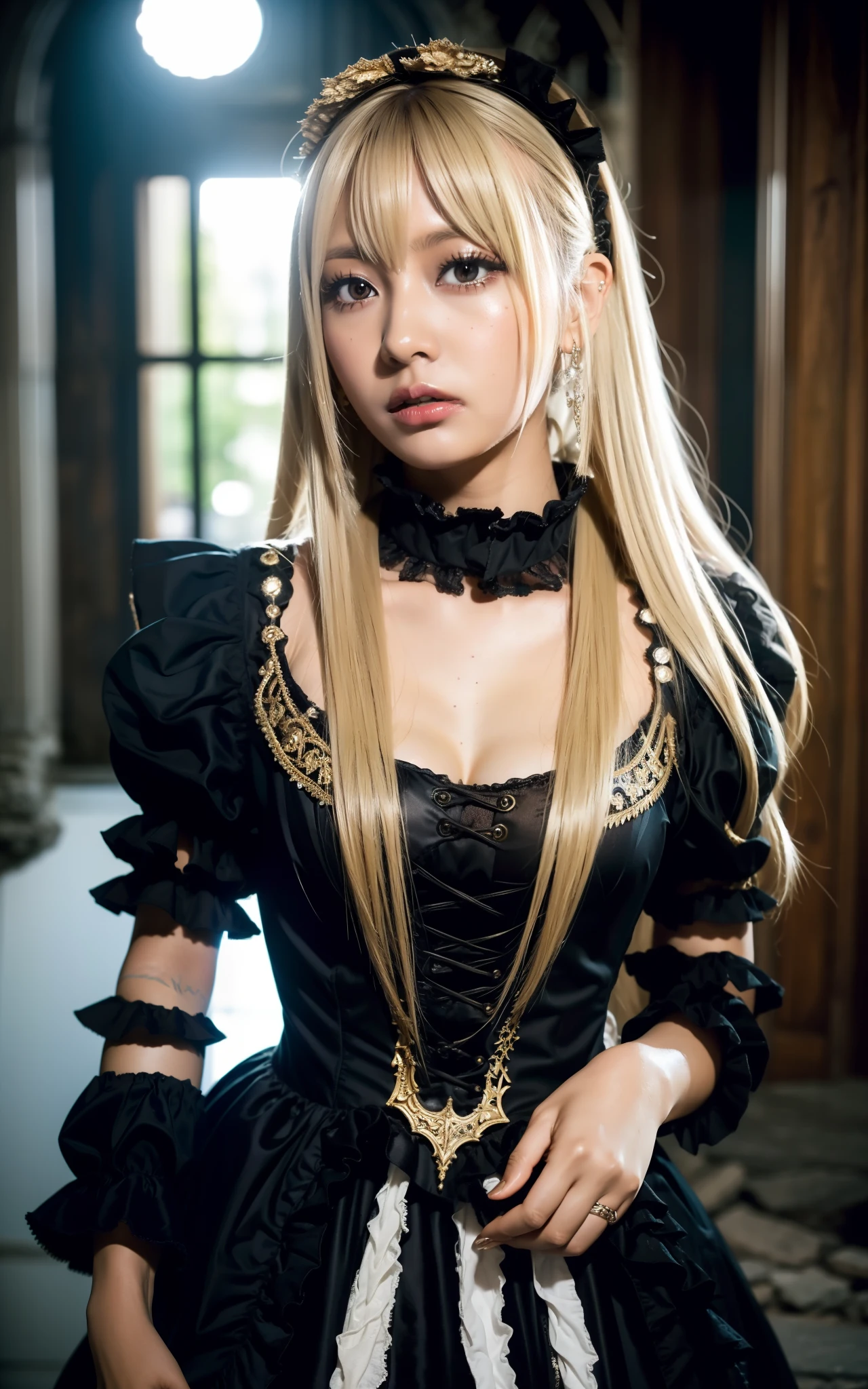 gyaru, dark-skinned, shiny oiled skin, blond hair, wearing finely and delicately decorated gothic lolita costume, with many ruffles, in ruins, cinematic lighting