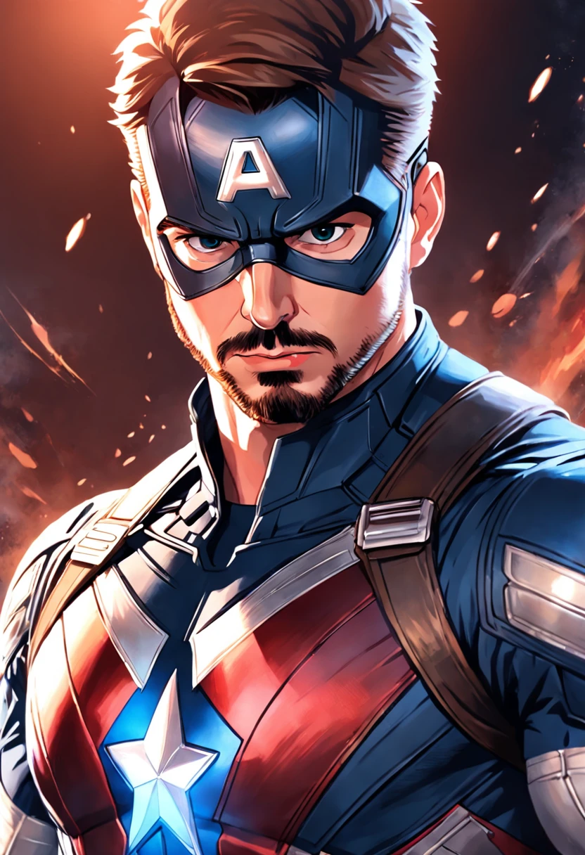 (((beautiful illustration))), retrato detalhado, Chris Evans as Captain America, Robert Downey Jr como Homem de Ferro, dinamic poses, realistic expressions, cores vibrantes, detalhes impressionantes.