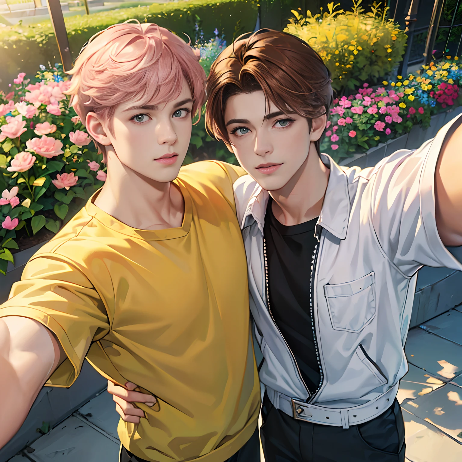 (absurdres, highres, ultra detailed, HDR), masterpiece, best quality, anime boy with brown hair ((Tall boy)), 1st boy brown hair, Anime boy with light pink hair, 2nd Boy pink hair, green eyes, 2 boys, smile, sunshine, garden, handsome, short hair, villa, looking at viewer, detailed face, ( black shirt ),(Yellow Shirt) cool boys, cold male, 8K, Best Quality, Masterpiece, Ultra High Resolution, (Realism: 1.4), Original Photo, (Realistic Skin Texture: 1.3), (Film Grain: 1.3), (Selfie Angle), best friend,Friendship, slim masculine.