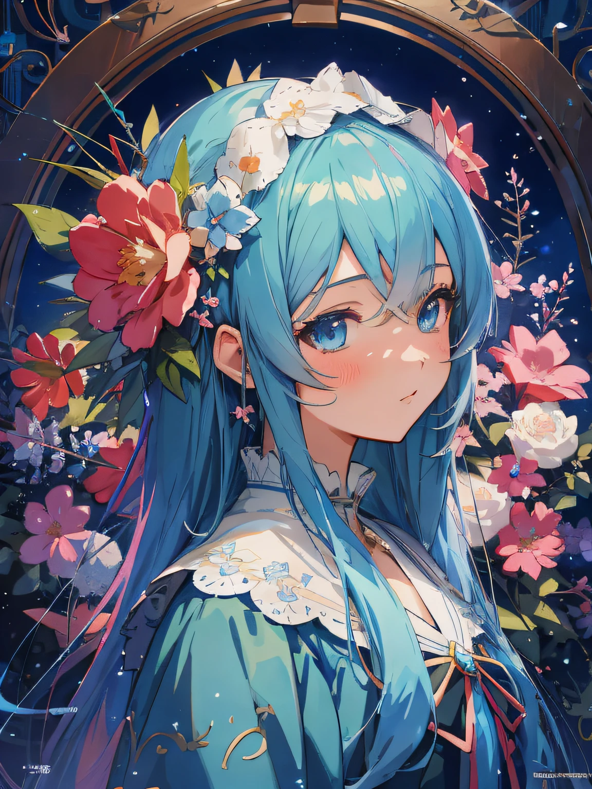 Anime girl with blue hair and blue eyes in the frame, Anime style 4K, Detailed digital anime art, detailed anime art, detailed anime art, Detailed anime artwork, a beautiful anime portrait, Anime art wallpaper 4k, Anime art wallpaper 4k, 8k high quality detail art, Very detailed anime art, nightcore