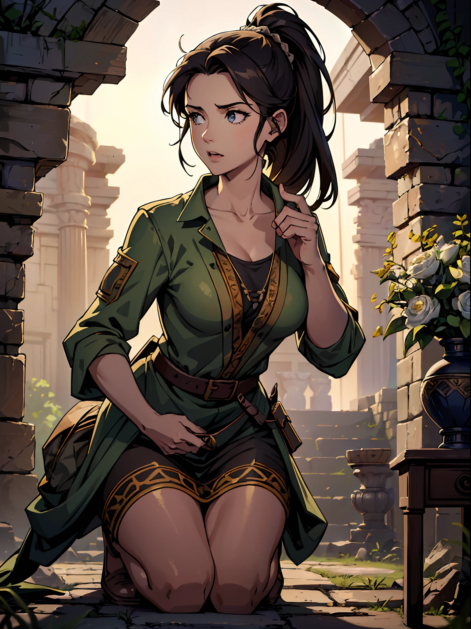 masterpiece, best quality, depth of field, HDR, intricate, absurdres, gorgeous, (detailed face), 1girl, ((archaeologist)), surprised, ((medium breasts)), cute, young, ponytail hairstyle, (archaeologist clothes), looking away, (crawling on knees), (holding ancient vase), post processing, sharp focus