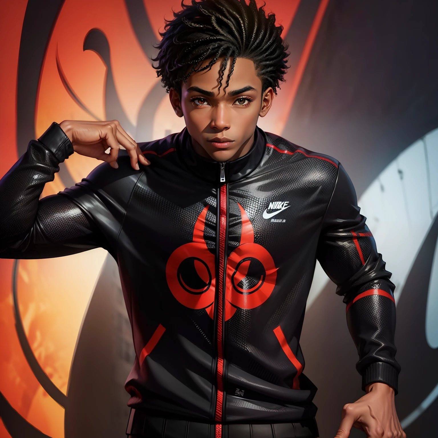 Miles Morales, cabelo crespo,roupa da Nike,olhando para espectador, olha maldoso, olhos castanhos