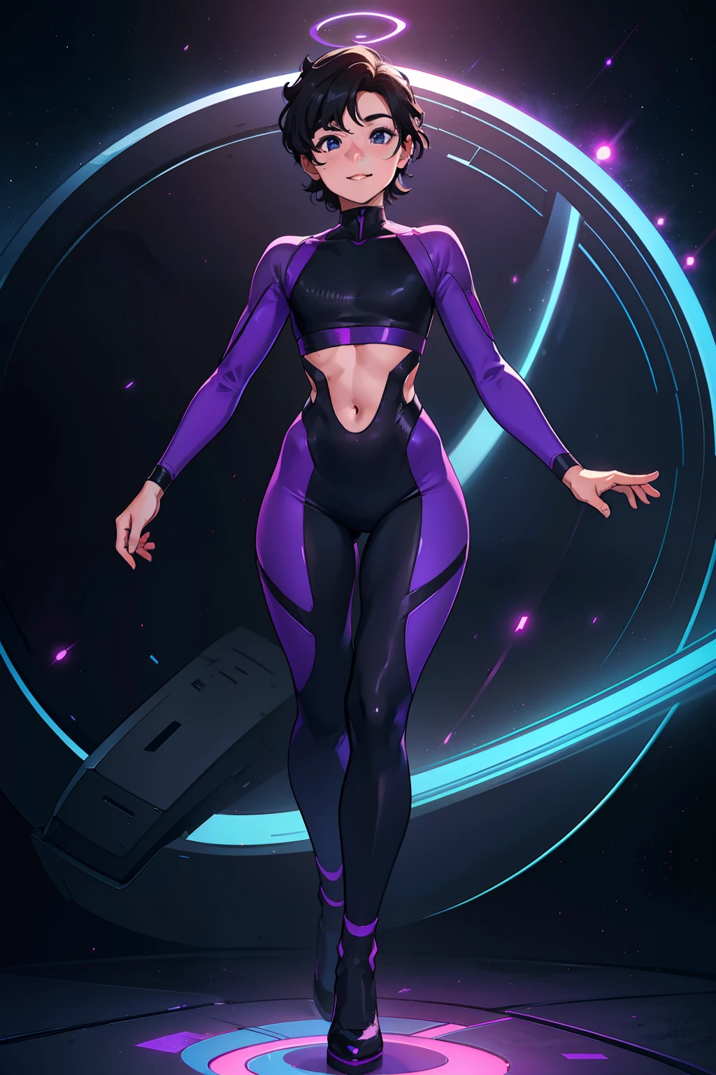 1girl. solo, solo focus, mature woman, superhero, (leotard, dark blue leotard witk purple accents, bare legs, boots, gloves), (inside a large atom, light particles), hand on hip, city backdrop, standing, black hair, dark blue eyes, short hair, bob hair, chevron belt