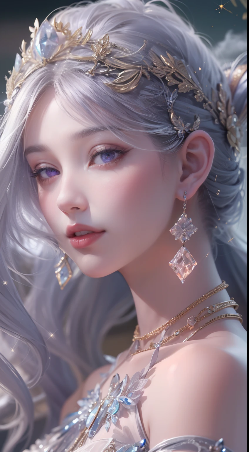 tmasterpiece, Highest high resolution，High-quality content, 8K quality photos with excellent detail, Perfect for a dynamic bust of 1 noble girl, Do not appear on the hands，Delicate curves, Bend hair to create gorgeous and intricate fabric textures, Plain purple eyes, Delicate floral decoration, Sparkling crystal jewelry, Highly focused and subtle details。