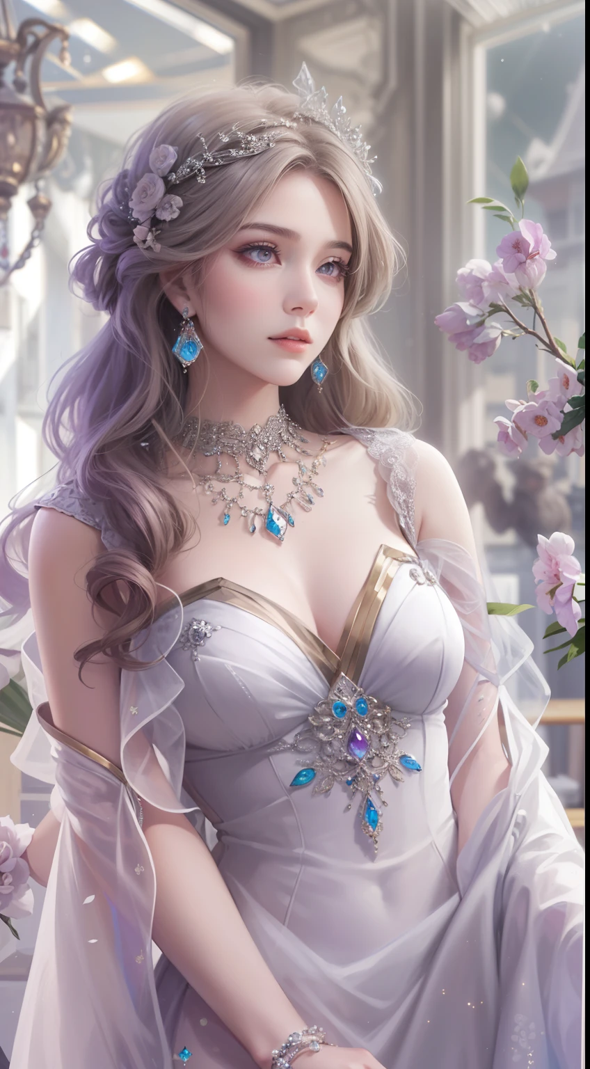 tmasterpiece, Highest high resolution，High-quality content, 8K quality photos with excellent detail, Perfect for a dynamic bust of 1 noble girl, Do not appear on the hands，Delicate curves, Bend hair to create gorgeous and intricate fabric textures, Plain purple eyes, Delicate floral decoration, Sparkling crystal jewelry, Highly focused and subtle details。