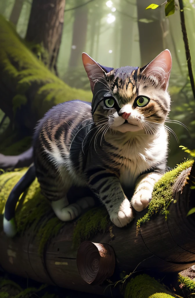 ln the forest，On the trunk of a fallen tree，There is a small amount of moss on the trunk，Close-up photo，baby cats