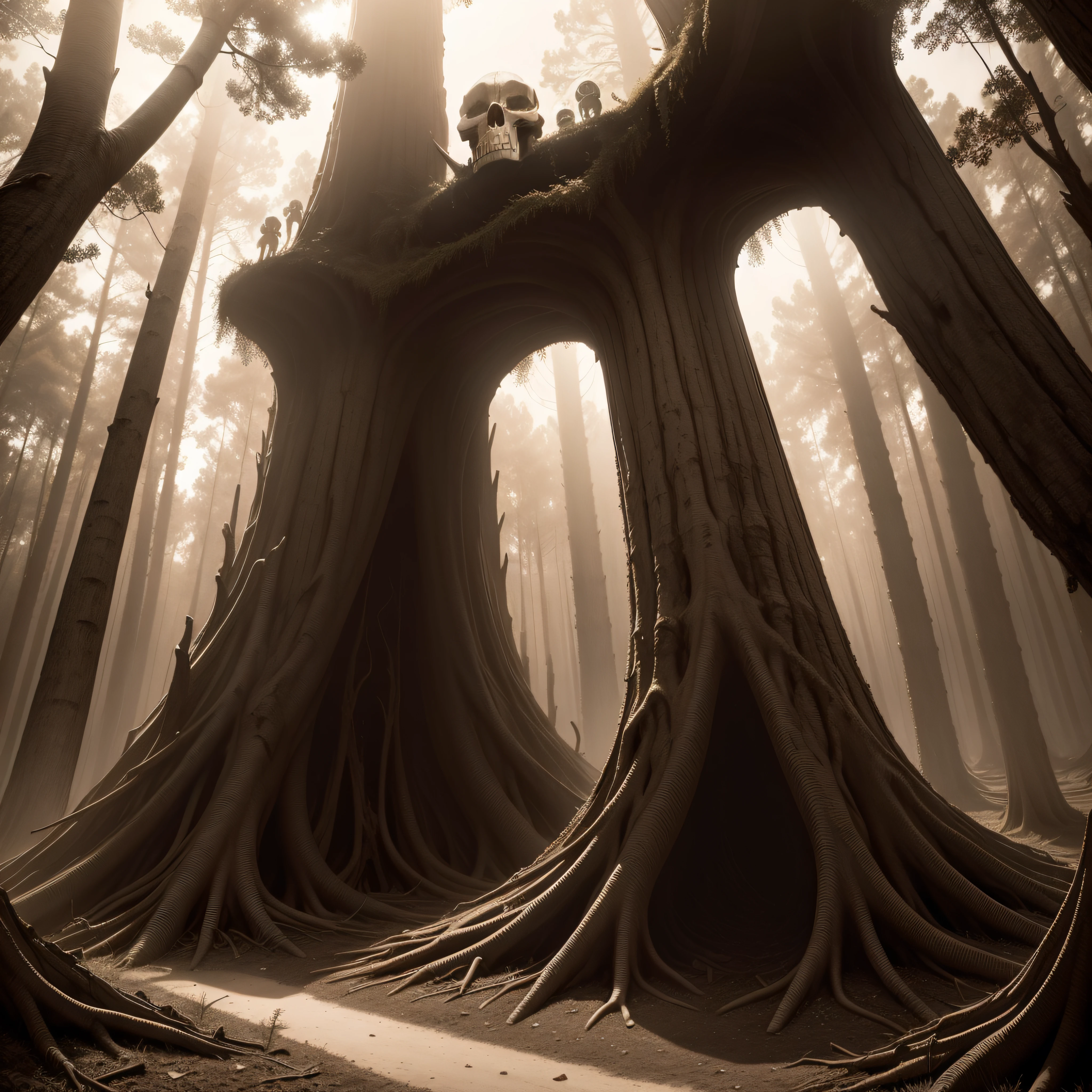(extremadamente detallado, obra maestra, La mejor calidad, Tono sepia) bosque enorme, Skulls come out of tree trunks, ruinas. Daytime Lighting.