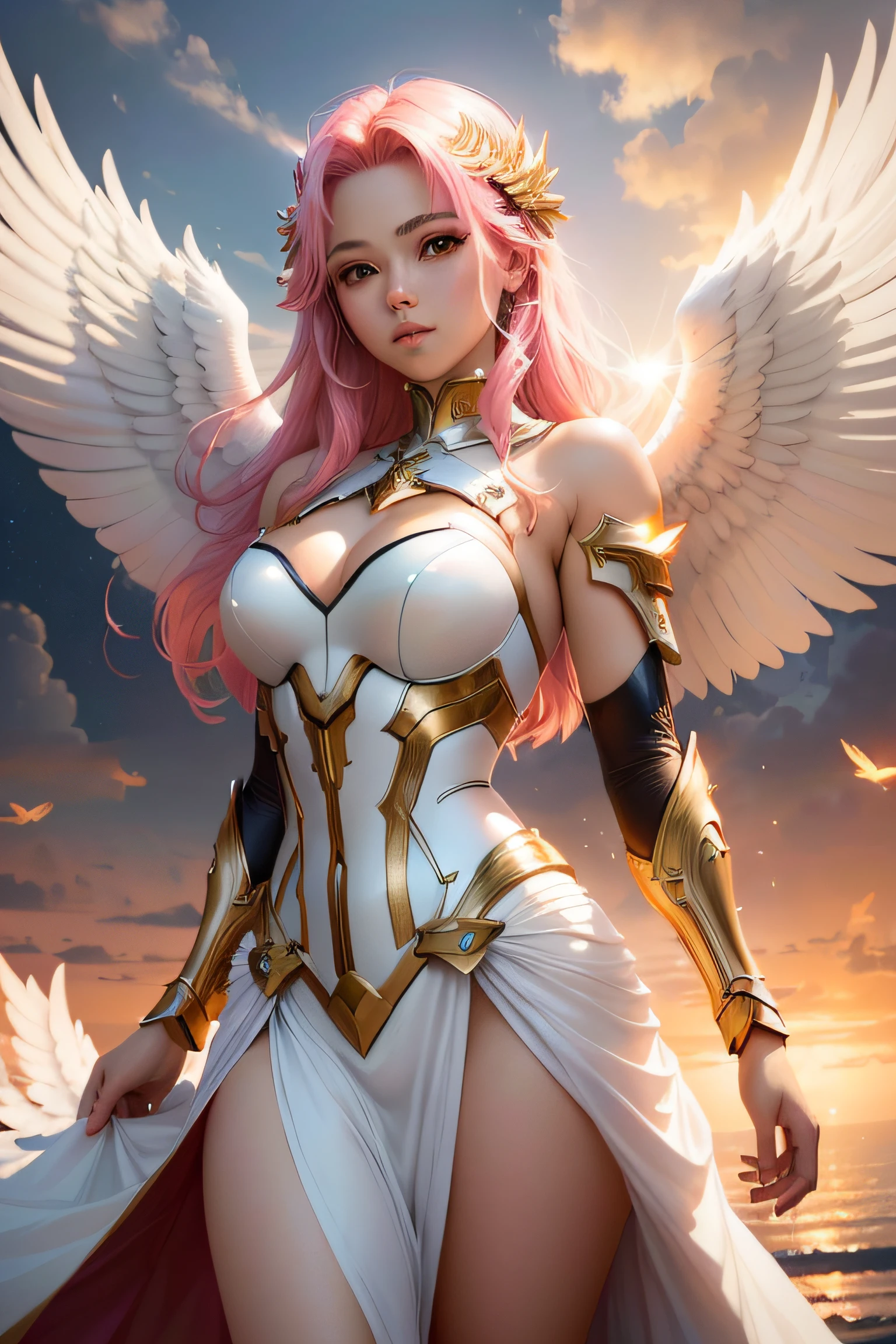 a woman with pink hair and wings standing in front of a sunset,  do cavaleiro do anjo, deusa anime, meninaa do anjo do ciborgue, Anjo majestoso de corpo inteiro, Artgerm extremamente detalhado, portrait knights of zodiac girl, de anjo lindo, Artgerm em ArtStation Pixiv, angel in plastic armor, Modelo IG | Artgerm, anjo feminino bonito