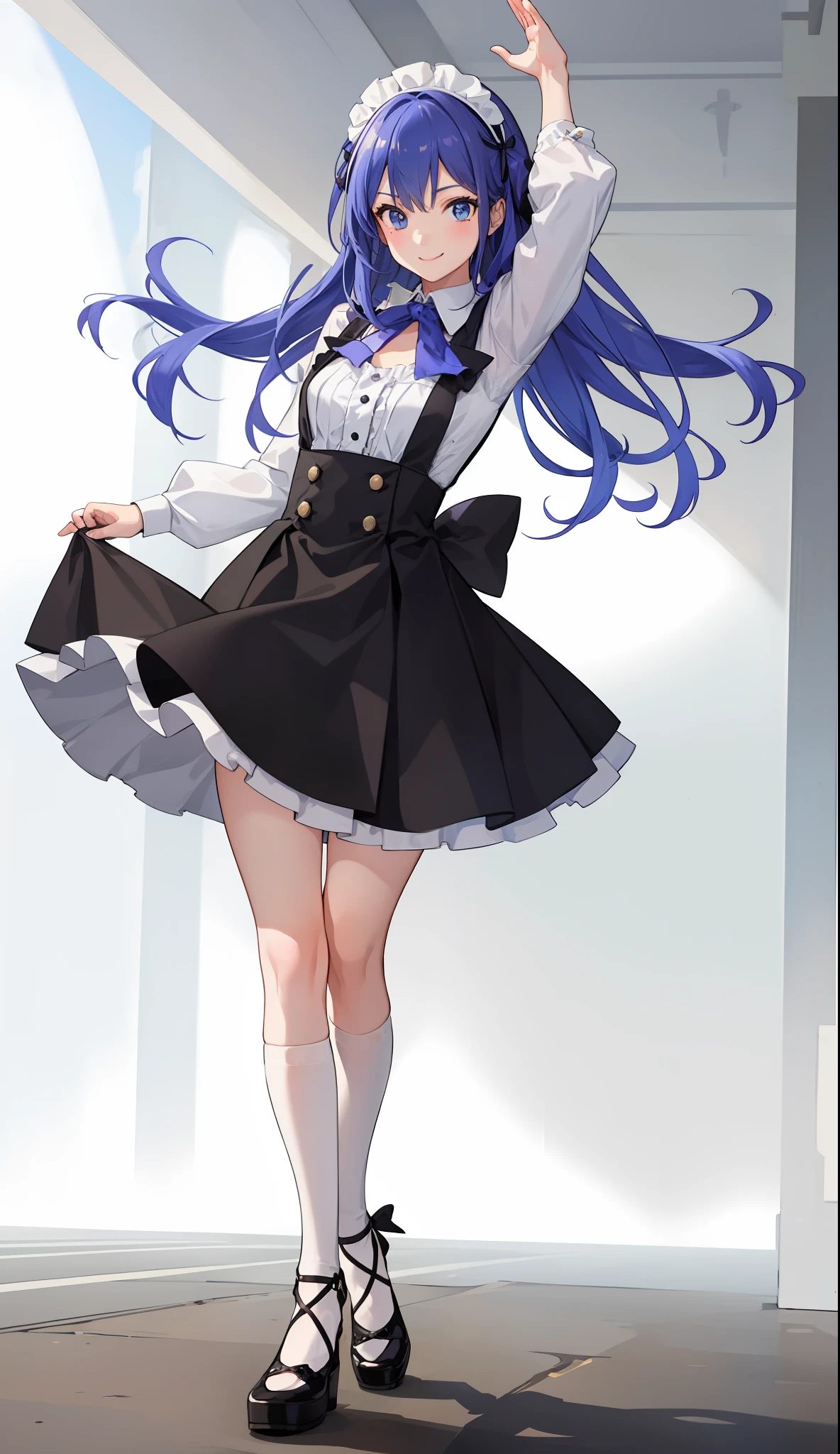 1girl in、A smile、A delightful! The shirt、skirt by the、(small tits)pinafore、doress、hair adornments、(Maids)、Running briskly!