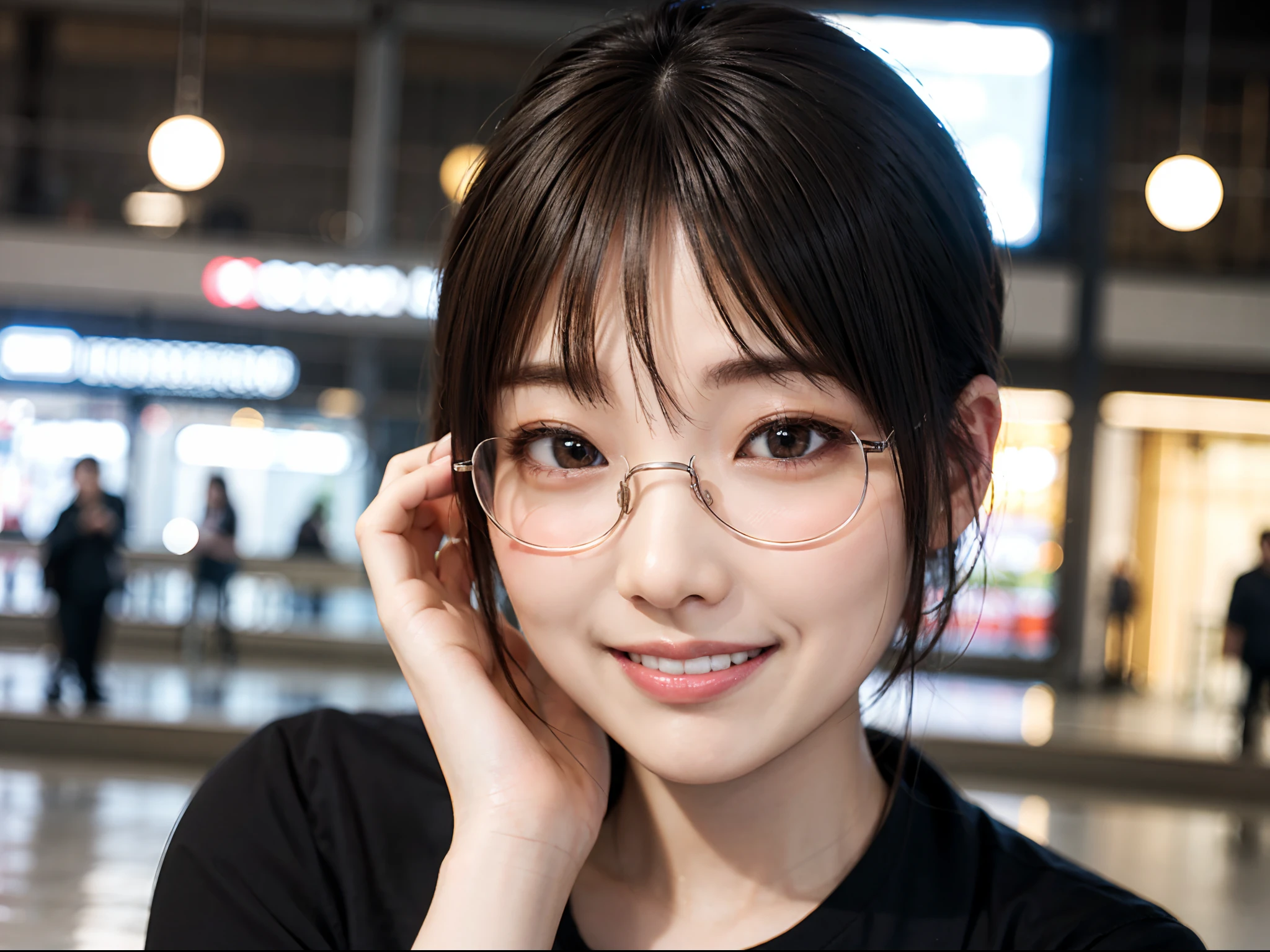 Japan girl in casual clothes in a shopping mall, looking at the viewer, posing with a smile (highest quality, masterpiece))), high resolution, very detailed, masterpiece, cinematic lighting, (8K, highest quality, masterpiece: 1.2), (realistic, photorealistic: 1.37) Hi-Res, Super Detail, 1 Girl, Woman with Glasses, Thin Frame Round Glasses, Light Colored Glasses Frame, asian, cute, cute face, solo, short hair 1.2, textured skin, beautiful smile, beautiful detailed sky, detailed café, night, movie lighting, depth of field, lens flare light, sitting, dating, (blushing), (smile: 1.15), small breasts (mouth closed), eyes with beautiful details, (short hair: 1.2), floating hair Nova Frog style,