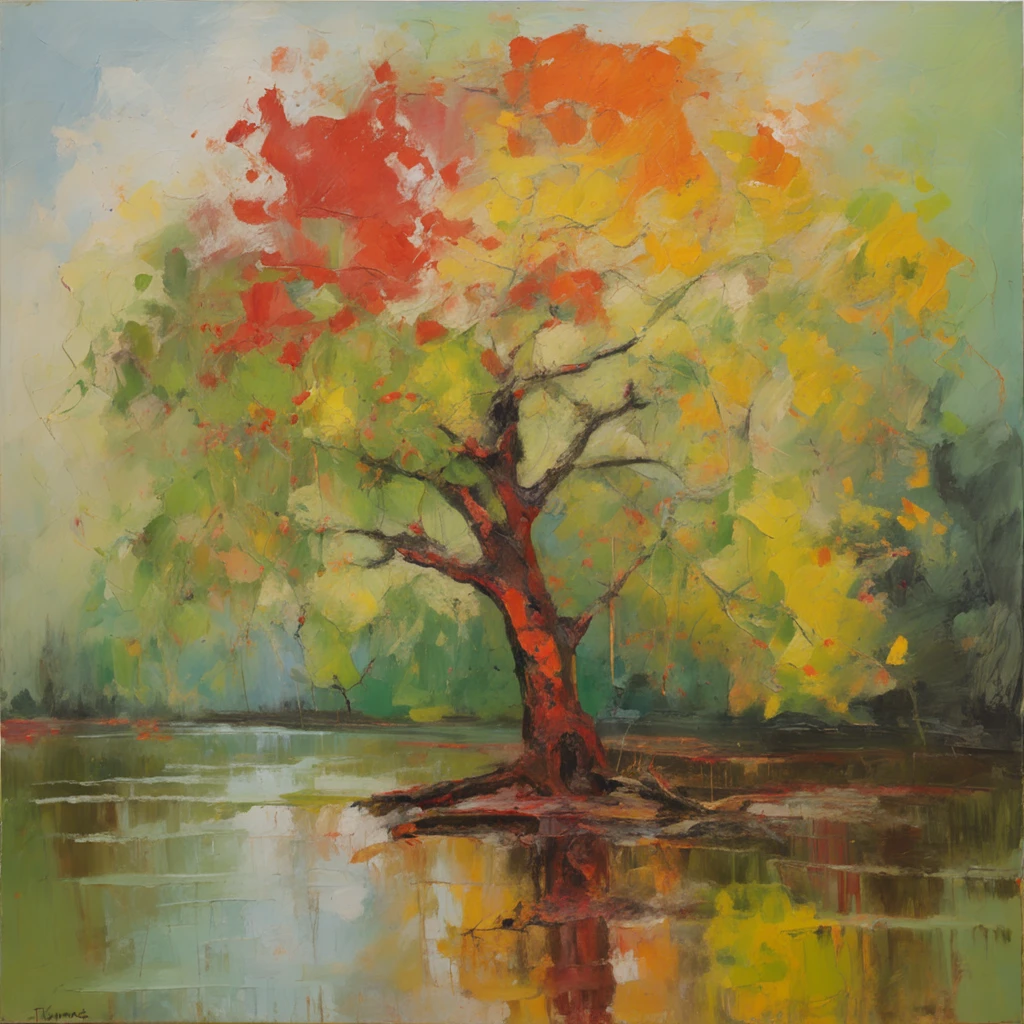 Oil Painting of an apple tree by Thomas Eakins and Eddie Mendoza::1 vector digital, flat Miyazaki, Monet, hd, rule of thirds, symmetrical, palette, colorful, Painting by Thomas Eakins style
