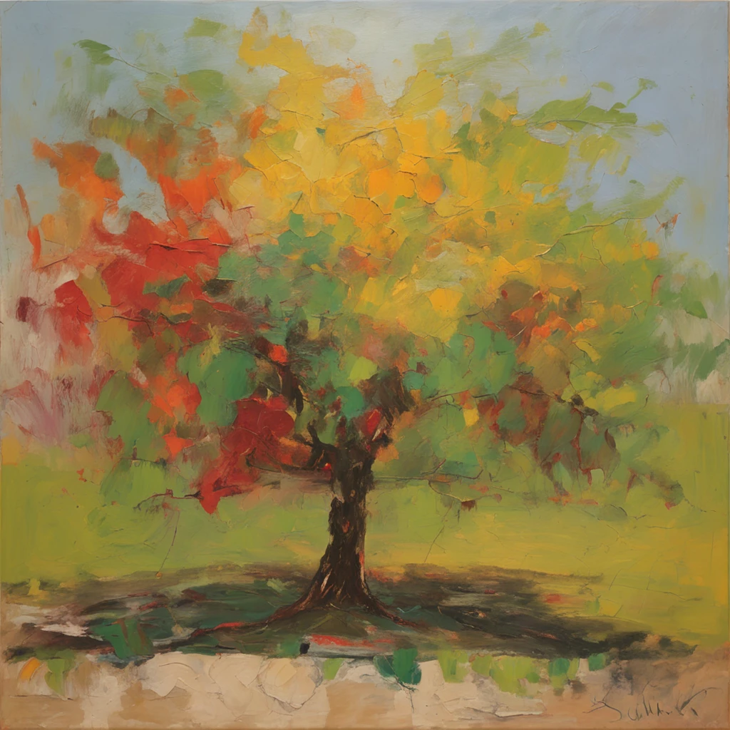 Oil Painting of an apple tree by Thomas Eakins and Eddie Mendoza::1 vector digital, flat Miyazaki, Monet, hd, rule of thirds, symmetrical, palette, colorful, Painting by Thomas Eakins style