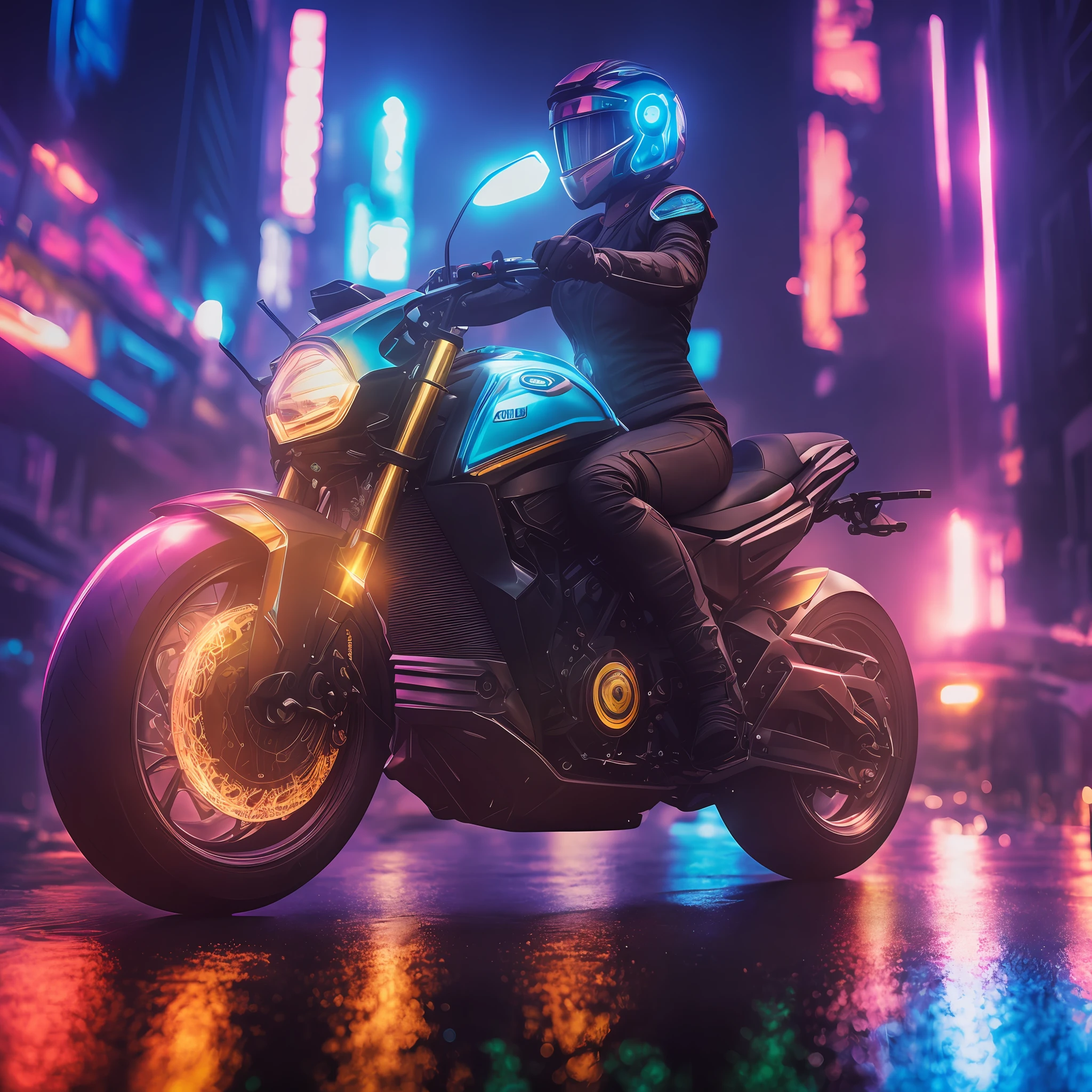 Obras de arte hiper-realistas impressionantes: figura feminina na motocicleta high-tech, capacete, Mundo futurista, Cyberpunk aesthetics, Intricate metallic textures, holographic elements, Determined expression, enquadramento em close-up, Scenery of towering skyscrapers, ruas encharcadas pela chuva, dynamic compositing, Grumpy backlighting, tons neon vibrantes, luz suave, cinematic feel, Mola 70mm, Foco nivelado, HDR post-processing, Rich color balance, 8K resolution.