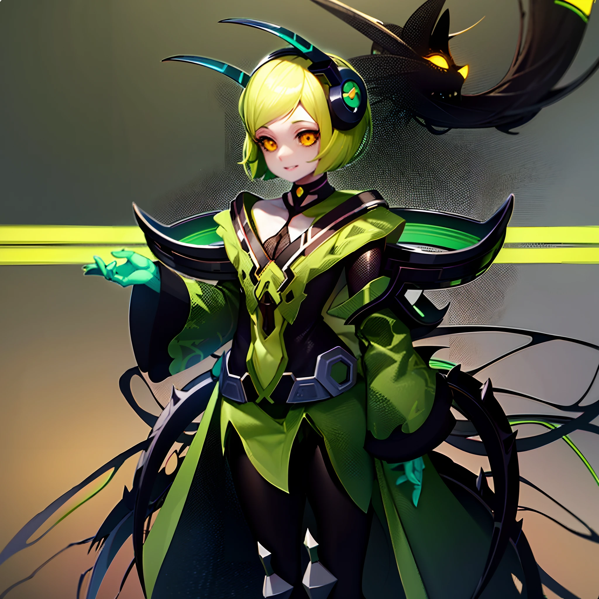 solo, anime character with yellow hair and a black outfit, black sclera, yellowish skin, insect trainer girl, stylized anime, zerochan art, wakfu colors + symmetry, android heroine, bee girl, mechanized witch girl, no type