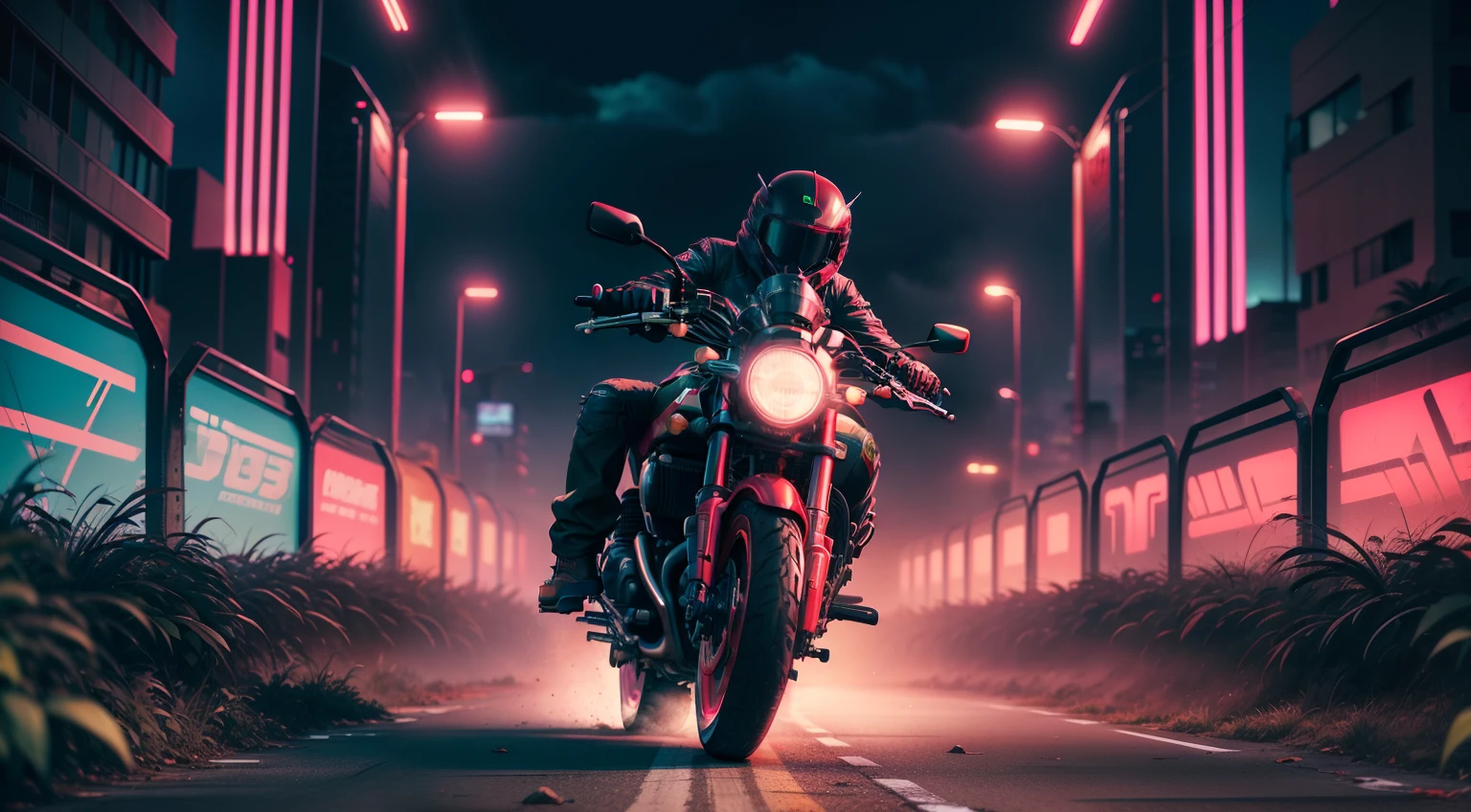 Create biker-style cyberpunk synthwave images on a red Honda Twister with gleaming green wheels amid thunder and ultra hd realistic spokes