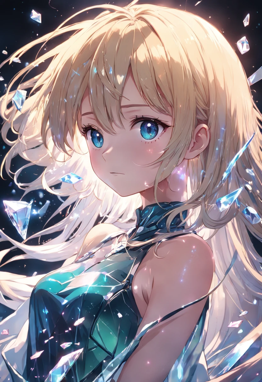 Glass hair, Glass clothes, 1girl, blonde, glossy hair, shattered, lying, crystal, light refraction, light particles, glowing lens flares