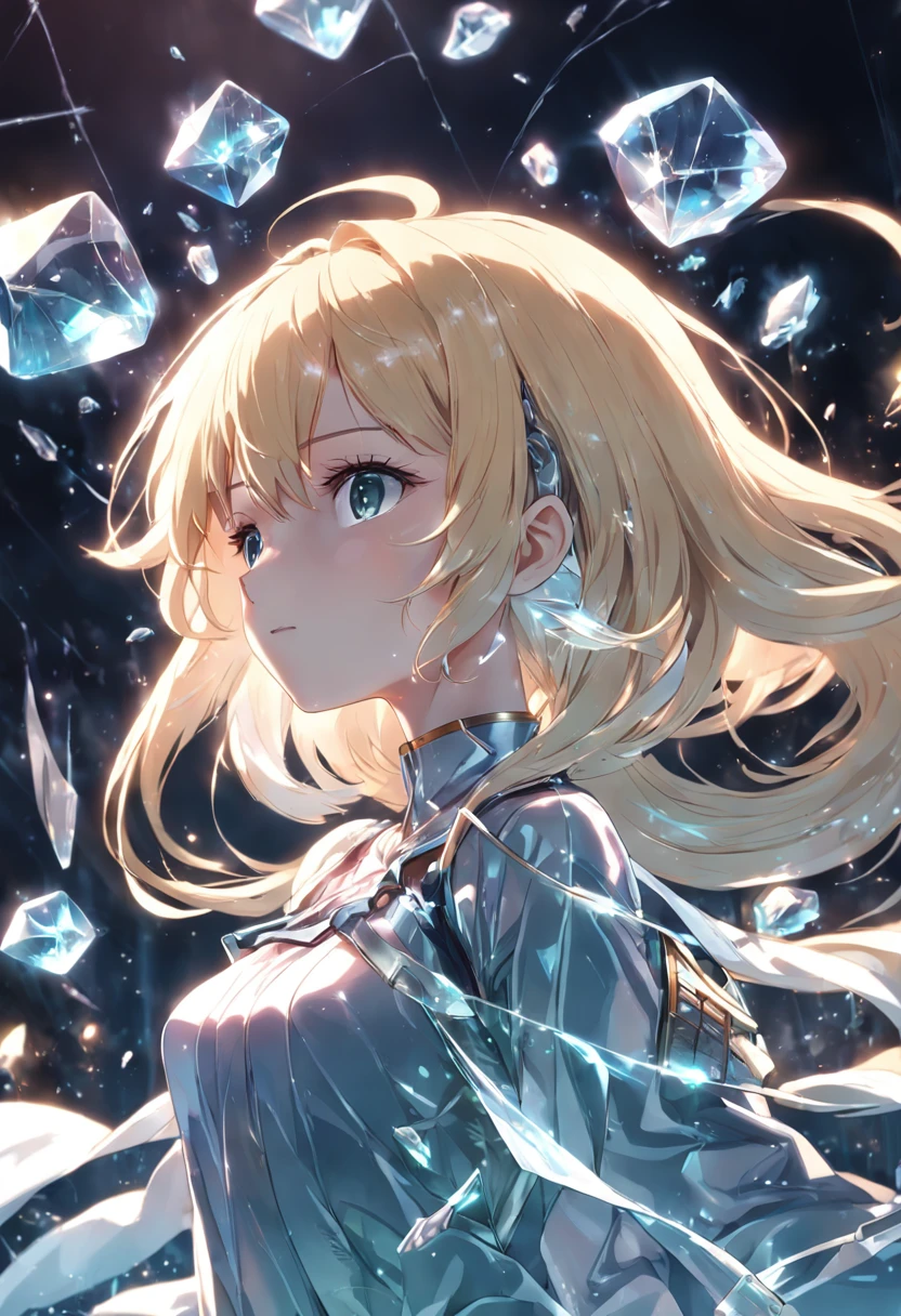 Glass hair, Glass clothes, 1girl, blonde, glossy hair, shattered, lying, crystal, light refraction, light particles, glowing lens flares