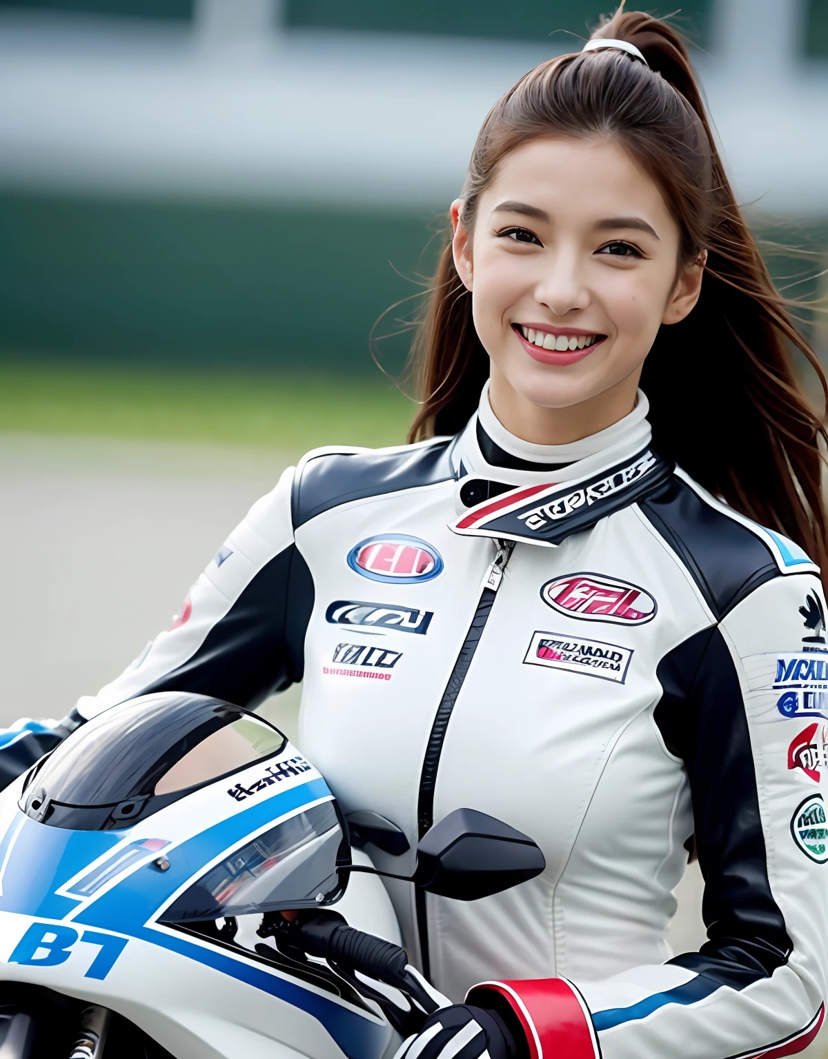 The highest image quality、Exceptional detail、超A high resolution、(realisitic:1.4)、high-detail、Favor the details、Highly condensed 1girl、Longhaire、delicate and beautiful face、Dressed in a white leather racing suit、Racing on a black motorcycle、The background is a race track、circuit、racer、Cool smile、huge tit