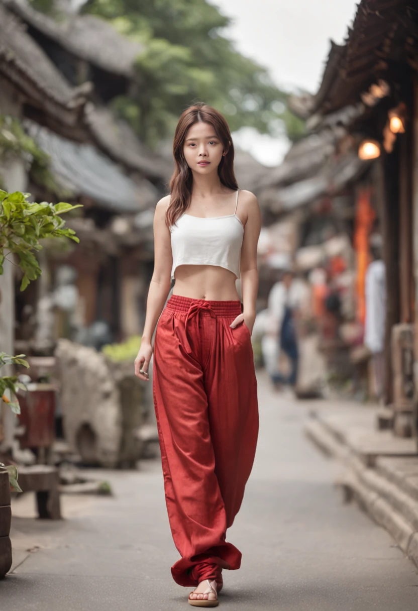(Best quality:1.4), (超高分辨率:1.2), (Photorealistic:1.4), (8K, RAW photo:1.2),(Medium shot :1.4), (Brown eyes), Girl walking down the street, Wearing ( Red Thai elephant harem pants:1.3),(White top:1.2), (Nice shoes),(Natural light),(rim-light)