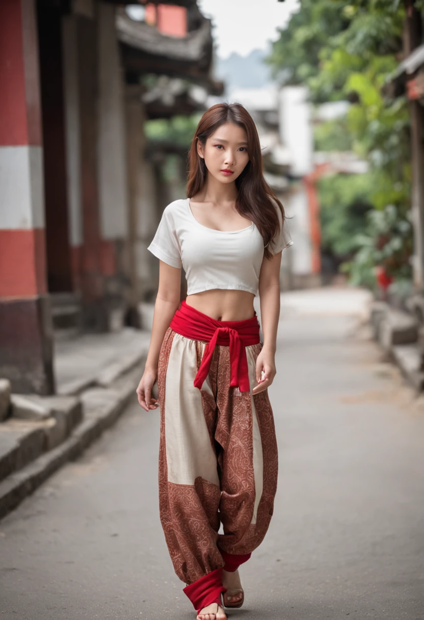 (Best quality:1.4), (超高分辨率:1.2), (Photorealistic:1.4), (8K, RAW photo:1.2),(Medium shot :1.4), (Brown eyes), Girl walking down the street, Wearing ( Red Thai elephant harem pants:1.3),(White top:1.2), (Nice shoes),(Natural light),(rim-light)