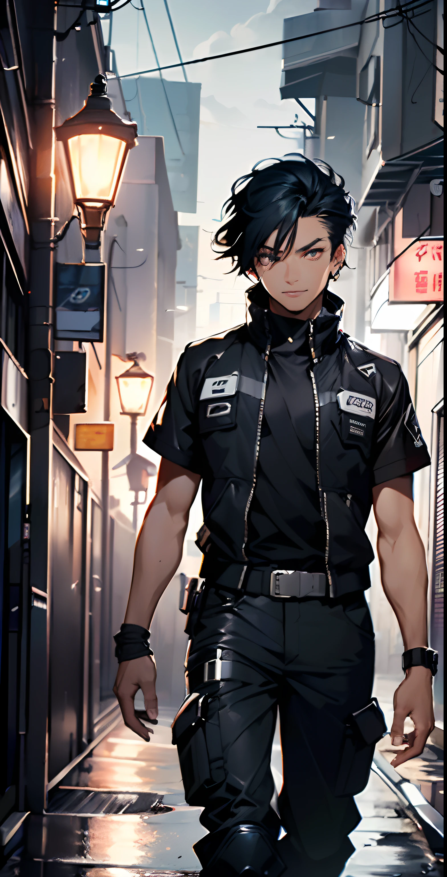 bounty hunter man,(((1man))),((anime man walking down the street)),
(((1male,man,handsome man,male,male gender,male focus))),
((medium black hair,disheveled hair,blue hair,black hair,two-tone hair)),(((lustrous skin:1.5,tanned skin,bright skin: 1.5,skin tanned,shiny skin,very shiny skin,shiny body))),((detailed eyes,perfect eyes,rainbow glows ultra-detailed orange brown eyes:1.1,gradient eyes:1,finely detailed beautiful eyes:1,symmetrical eyes:1,big highlight on eyes:1.2)),man chest,handsome face,((muscular,hairy body,muscular man)),((hand consists of a short thumb and four fingers,a hand with only five fingers,(detailed face))),
alluring look,nsfw,
bounty hunter pants,((bulge in pants)),((bounty hunter outfit)),(wearing a bounty hunter outfit:1.3,bounty hunter clothes),(detailed outfit,detailed clothes),
(dynamic pose:1.0),solo focus,((evil smile,evil look)),centered,scale to fit dimensions,Rule of thirds,
outdoors,((night view)),(cyberpunk night street Background: 1.5,dark sky,alleyway,lonely alley,thick clouds,detailed background:1.25),
(best quality),(high resolution),(sharp focus),(ultra detailed),(extremely detailed),(extremely high quality artwork),8k_wallpaper,(extremely detailed CG 8k),(very fine 8K CG),((hyper super ultra detailed perfect piece)),flawless,(((masterpiece))),illustration,vibrant colors,(intricate),High contrast,Selective lighting,Double exposure,HDR (High Dynamic Range),Post-processing,Background blur,