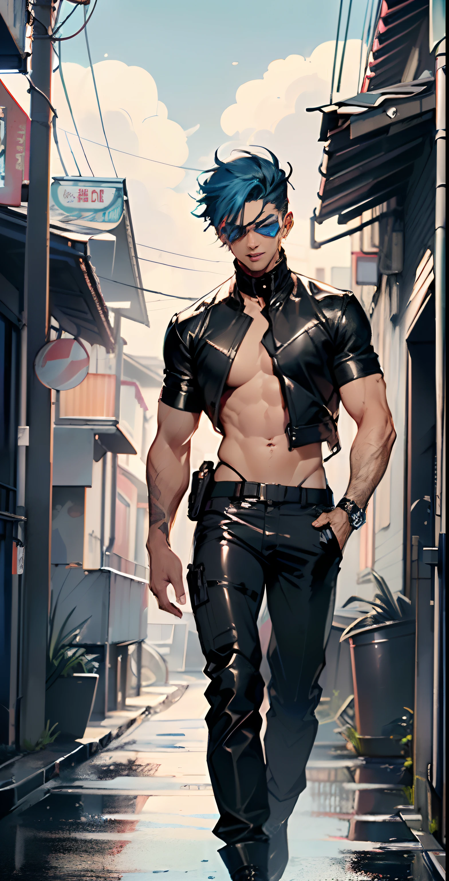 bounty hunter man,(((1man))),((anime man walking down the street)),
(((1male,man,handsome man,male,male gender,male focus))),
((medium black hair,disheveled hair,blue hair,black hair,two-tone hair)),(((lustrous skin:1.5,tanned skin,bright skin: 1.5,skin tanned,shiny skin,very shiny skin,shiny body))),((detailed eyes,perfect eyes,rainbow glows ultra-detailed orange brown eyes:1.1,gradient eyes:1,finely detailed beautiful eyes:1,symmetrical eyes:1,big highlight on eyes:1.2)),man chest,handsome face,((muscular,hairy body,muscular man)),((hand consists of a short thumb and four fingers,a hand with only five fingers,(detailed face))),
alluring look,nsfw,
bounty hunter pants,((bulge in pants)),((bounty hunter outfit)),(wearing a bounty hunter outfit:1.3,bounty hunter clothes),(detailed outfit,detailed clothes),
(dynamic pose:1.0),solo focus,((evil smile,evil look)),centered,scale to fit dimensions,Rule of thirds,
outdoors,((night view)),(cyberpunk night street Background: 1.5,dark sky,alleyway,lonely alley,thick clouds,detailed background:1.25),
(best quality),(high resolution),(sharp focus),(ultra detailed),(extremely detailed),(extremely high quality artwork),8k_wallpaper,(extremely detailed CG 8k),(very fine 8K CG),((hyper super ultra detailed perfect piece)),flawless,(((masterpiece))),illustration,vibrant colors,(intricate),High contrast,Selective lighting,Double exposure,HDR (High Dynamic Range),Post-processing,Background blur,