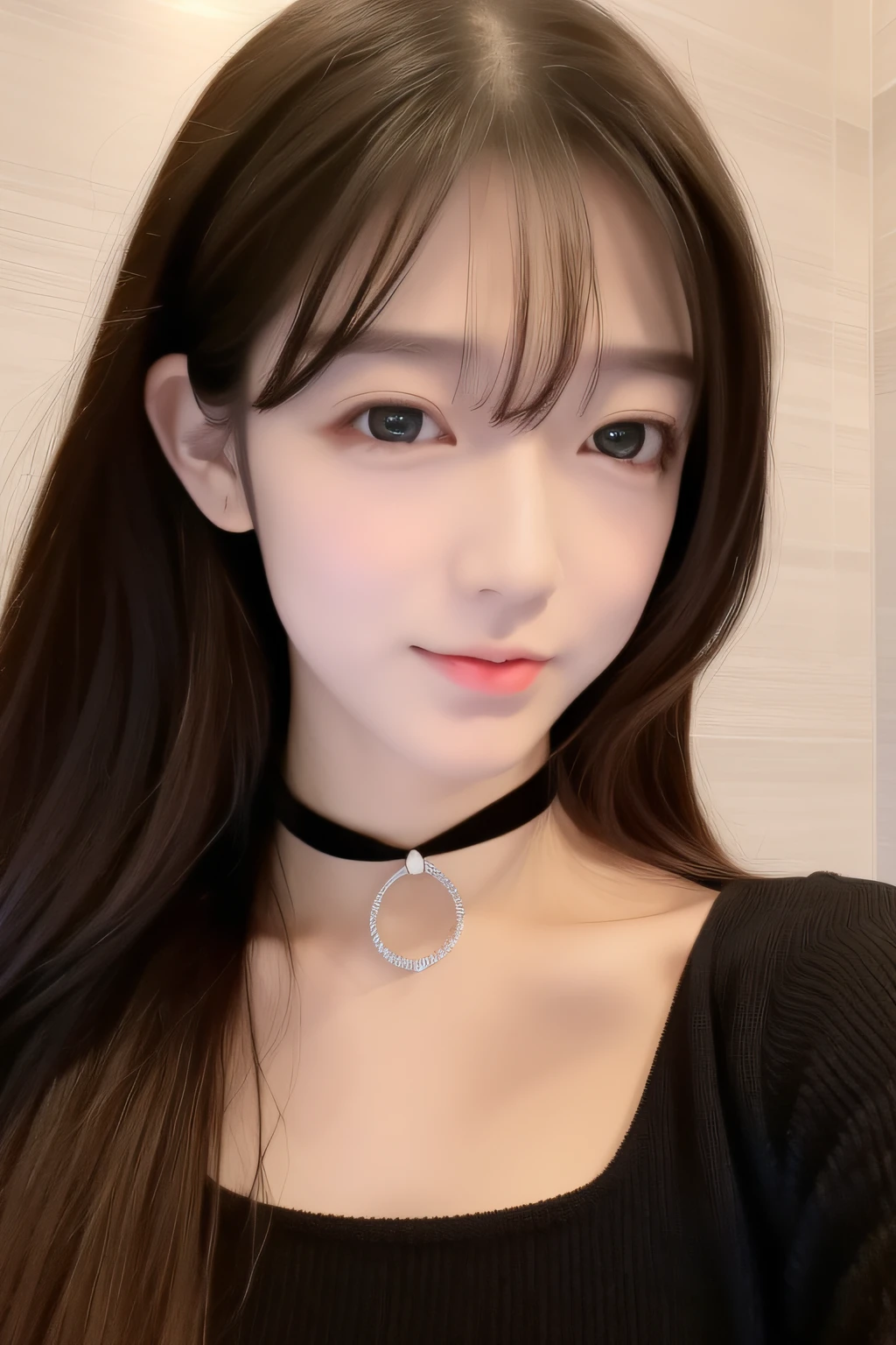 (Surreal), (shape), (Increased resolution), (8k), (Very detailed), (Best shape), (Beautiful and detailed), (highest quality), (Very detailed), (masterpiece), (wallpaper), (Detailed face), 1 girl, White Dress, Big and loose breasts, Looking at the audience, The finer details, Detailed face, Deep Shadow, secret key, Pure erotic face ace_v1, smile, Long Hair, Brown straight hair , 46 point diagonal bangs, ((Black choker)), Blue Eyes, Big Breasts, Very long eyelashes, Curved waist, Bright interior, Bright red lips, High nose, Happy expression, smile, Cowboy Shot