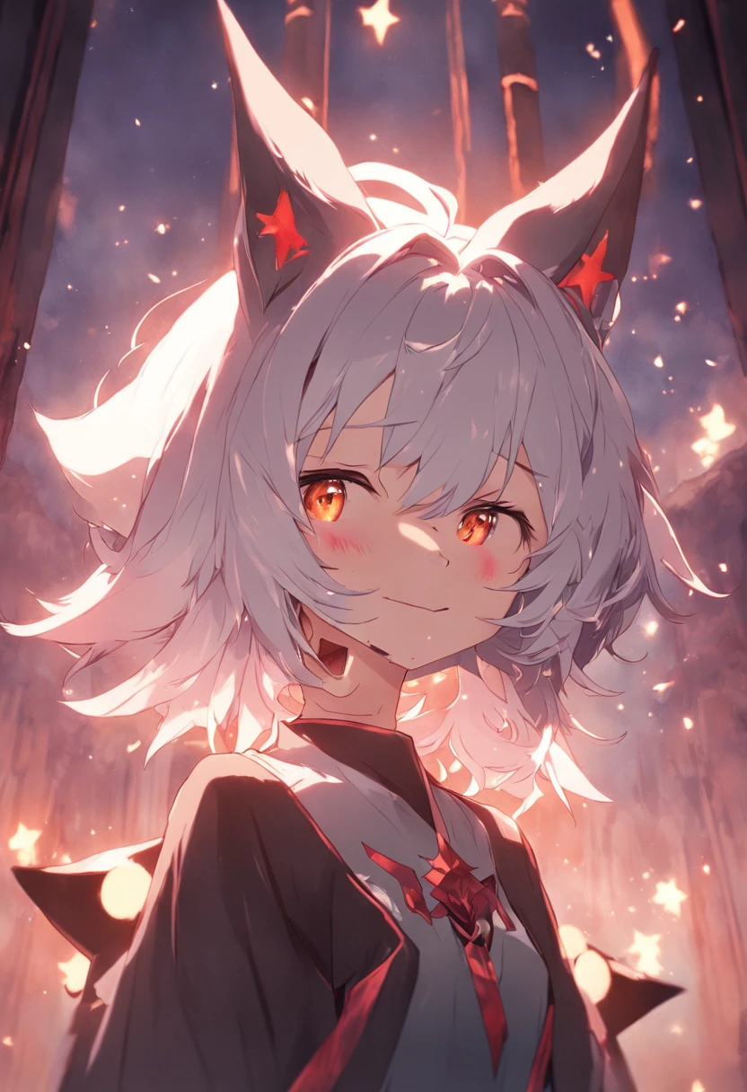 white hair, demon horns, star-shaped pupils, fox ears, smile, Surrealism, interior architecture, anime, anime style, cinematic lighting, textured skin, super detail, highres
