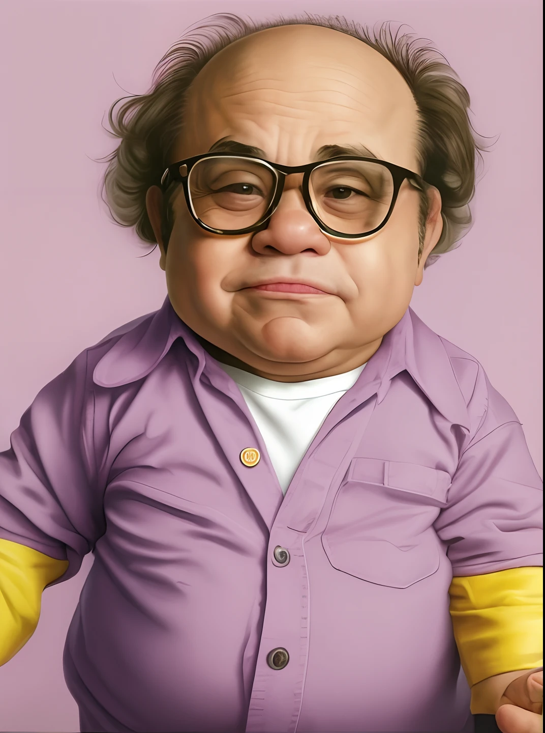 a close up of a  pig wearing glasses with a pig face and a pink shirt, danny devito as johnny, danny devito as the terminator, danny devito, portrait of danny devito, frank reynolds, danny devito as superman, danny devito as a hobbit, danny devito as the mona lisa, danny devito as batman, danny devito as iron man