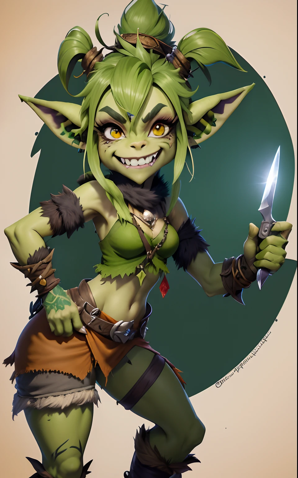 Masterpiece, high detailed, 1Woman, ponytail, full body, feet visible, (loincloth), armor, in the woods, nude, (goblins gang bang), ((panic cry face)), blushed, pubic hair, tied hands with ropes, ripped clothes, open legs, two goblins grabbing her arms back, one goblin in pussy, kneeling