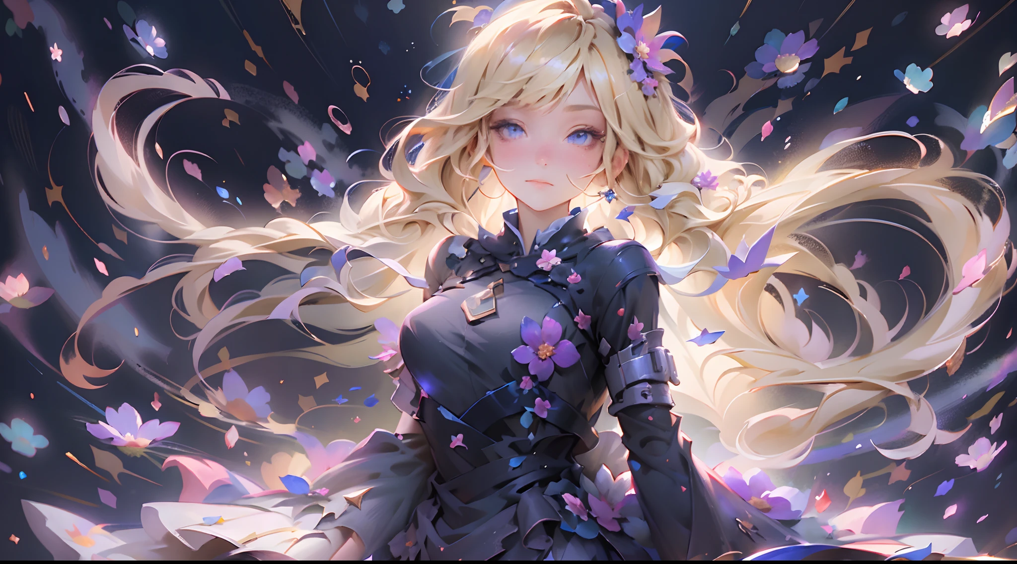 (best quality, masterpiece), 1girl, galaxy, glitter, dress, particle, wind, flower, upper body, dark simple background, looking at viewer, blonde,
