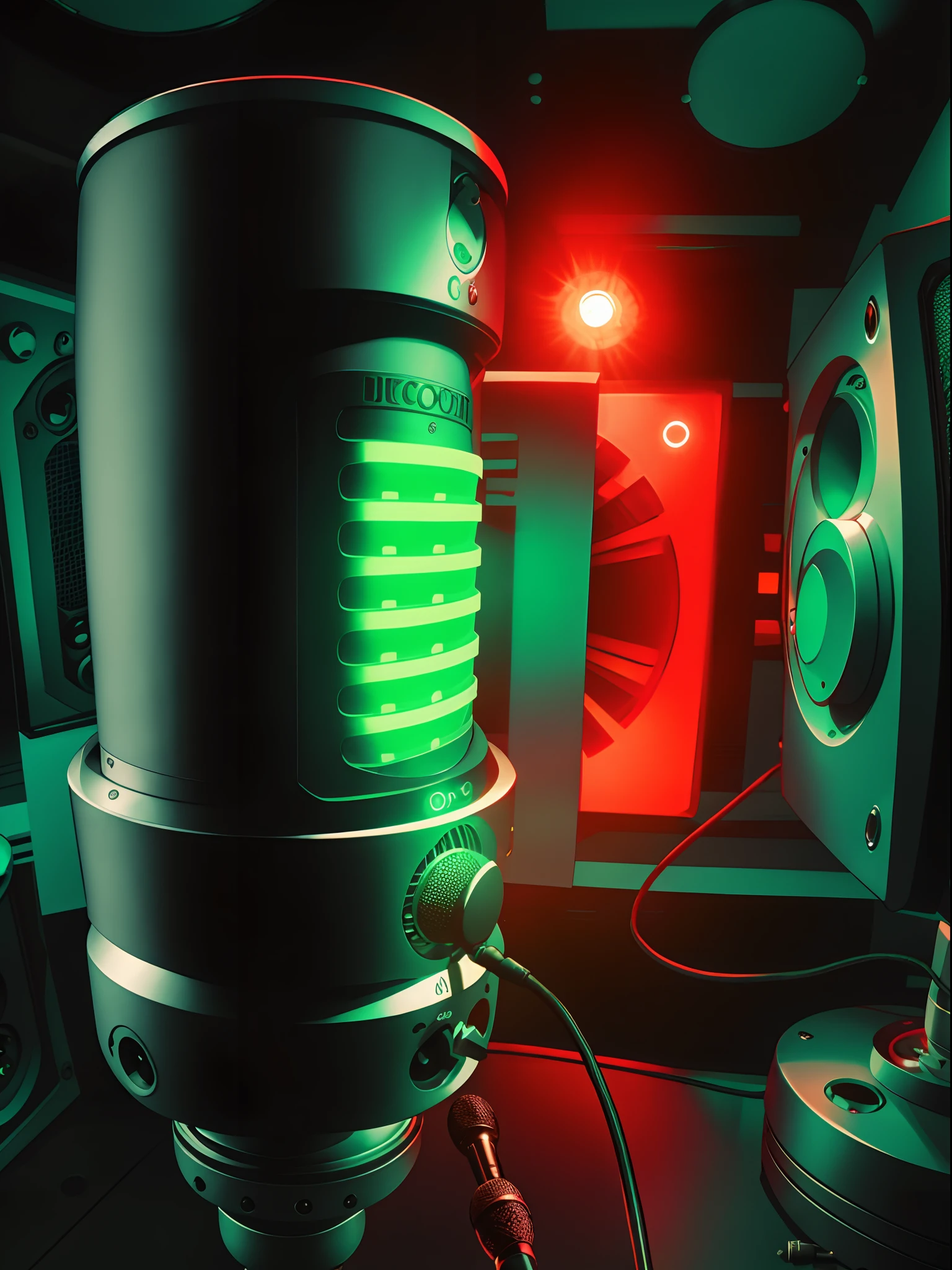 Microfone condensador em studio de radio realista neon