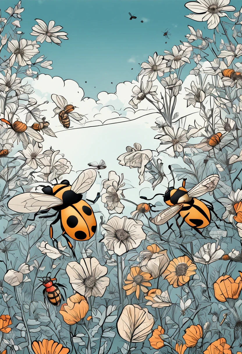 a cartoon image of an insect ladybug and a bee, forest, blue sky